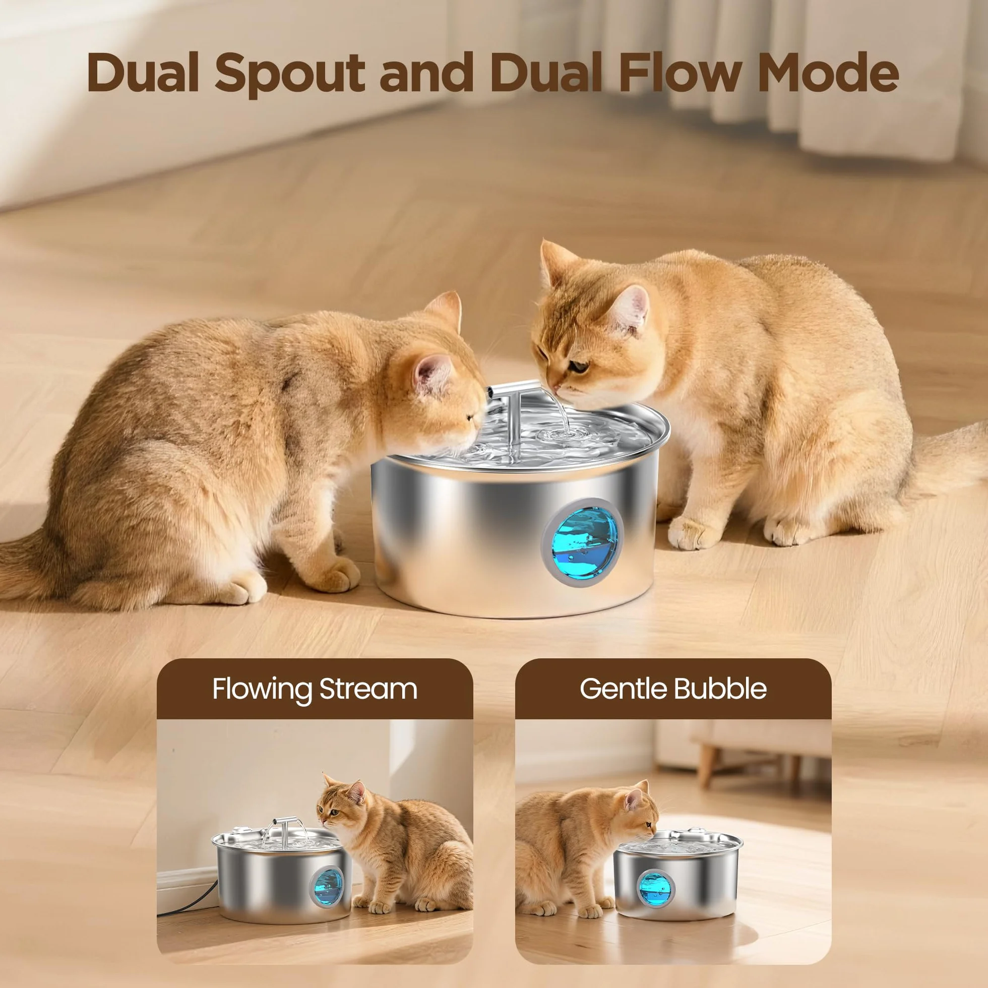 Fuente de Agua para Gatos de Acero Inoxidable: Fuente de Agua para Gatos - Fuente de Agua para Gatos de Interior - Cuenco Dispensador Automático de Agua para Mascotas