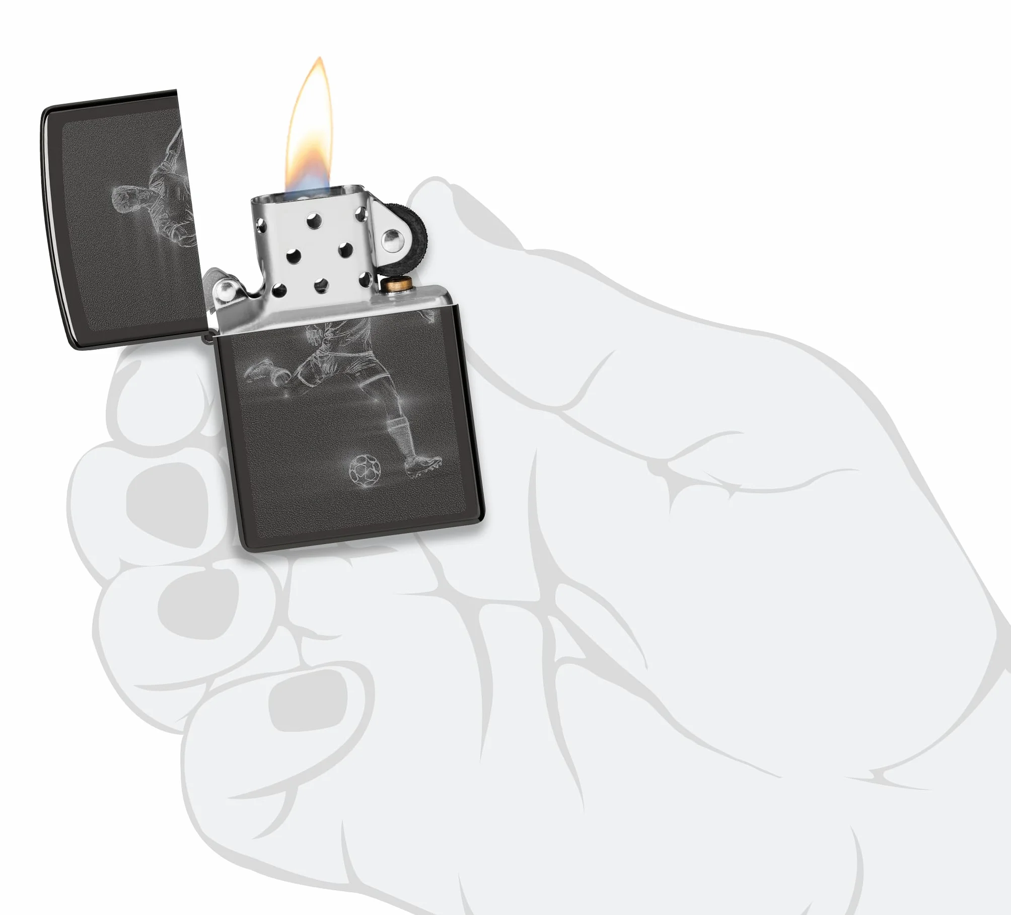 Zippo Encendedor a Prueba de Viento Recargable Reutilizable - Negro Alto Brillo - Diseño de Futbolista - Caja Regalo - Hecho en EE.UU.