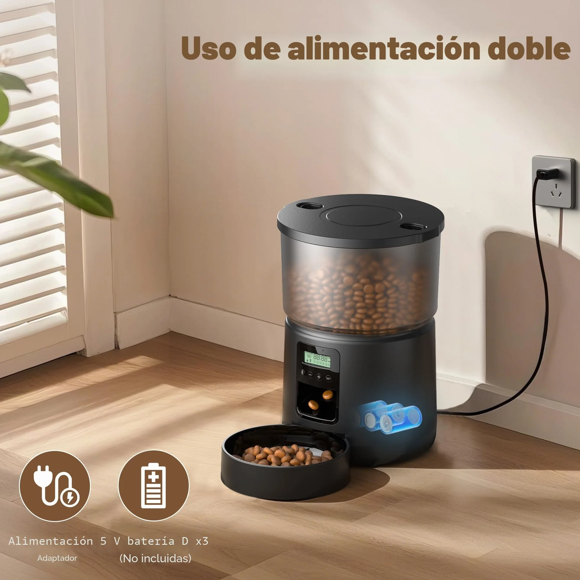 Comedero Gato Automatico y Fuente para Gatos: Dispensador Comida Gatos con Programable Temporizador 6 Comida al Día - 3L Alimentador Perro y 2.4L Bebedero para Pequeño/Mediano Mascota - 10S Grabación
