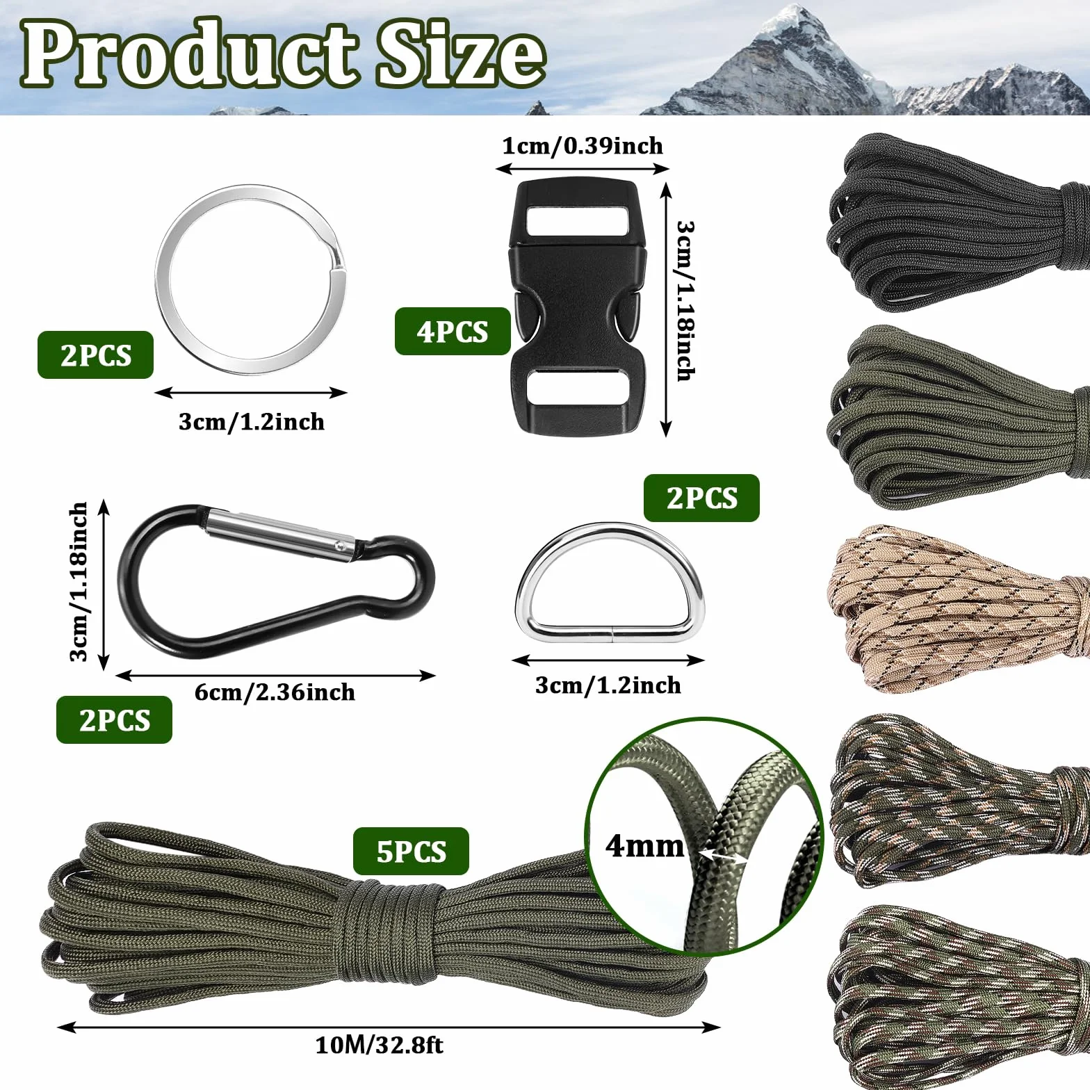 Paracord Pulsera Kit 15 Piezas 5 Rollos 33ft 10m 4mm Cuerda Nylon Hebillas Mosquetones Llaveros Manualidades Acampar