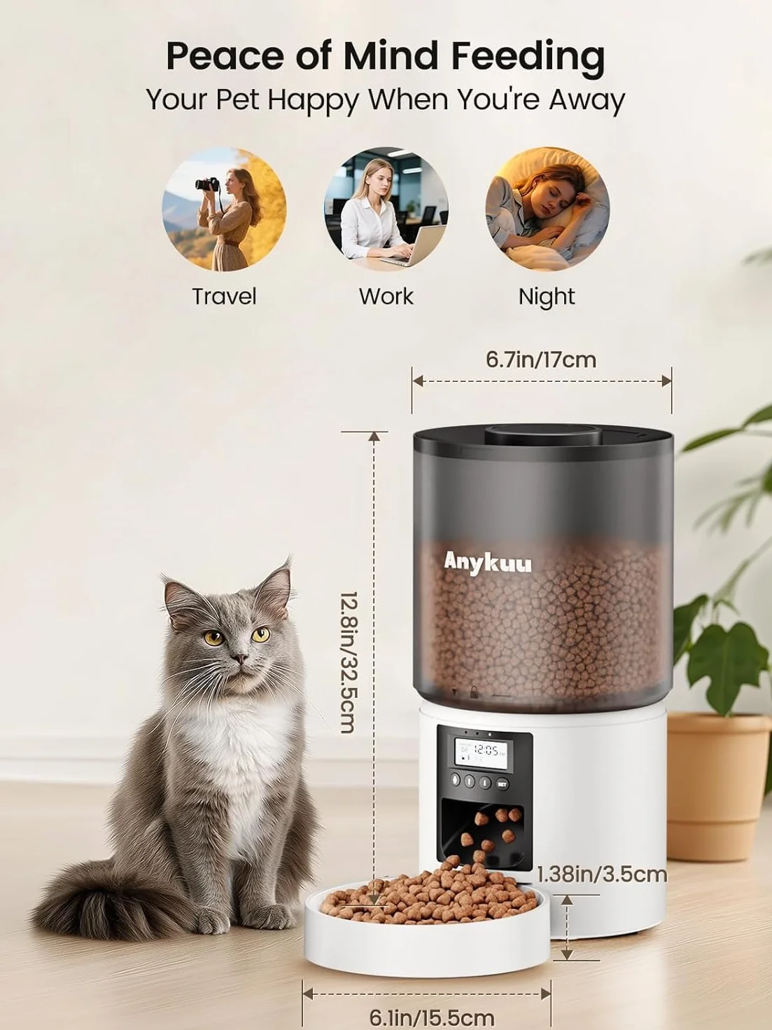 Anykuu 4L Comedero Gato Automatico Dispensador 1-6 Comidas al DíaComida Gatos y Perros con función de grabación de 10s, USB, Blanco para Pequeño/Mediano Mascota