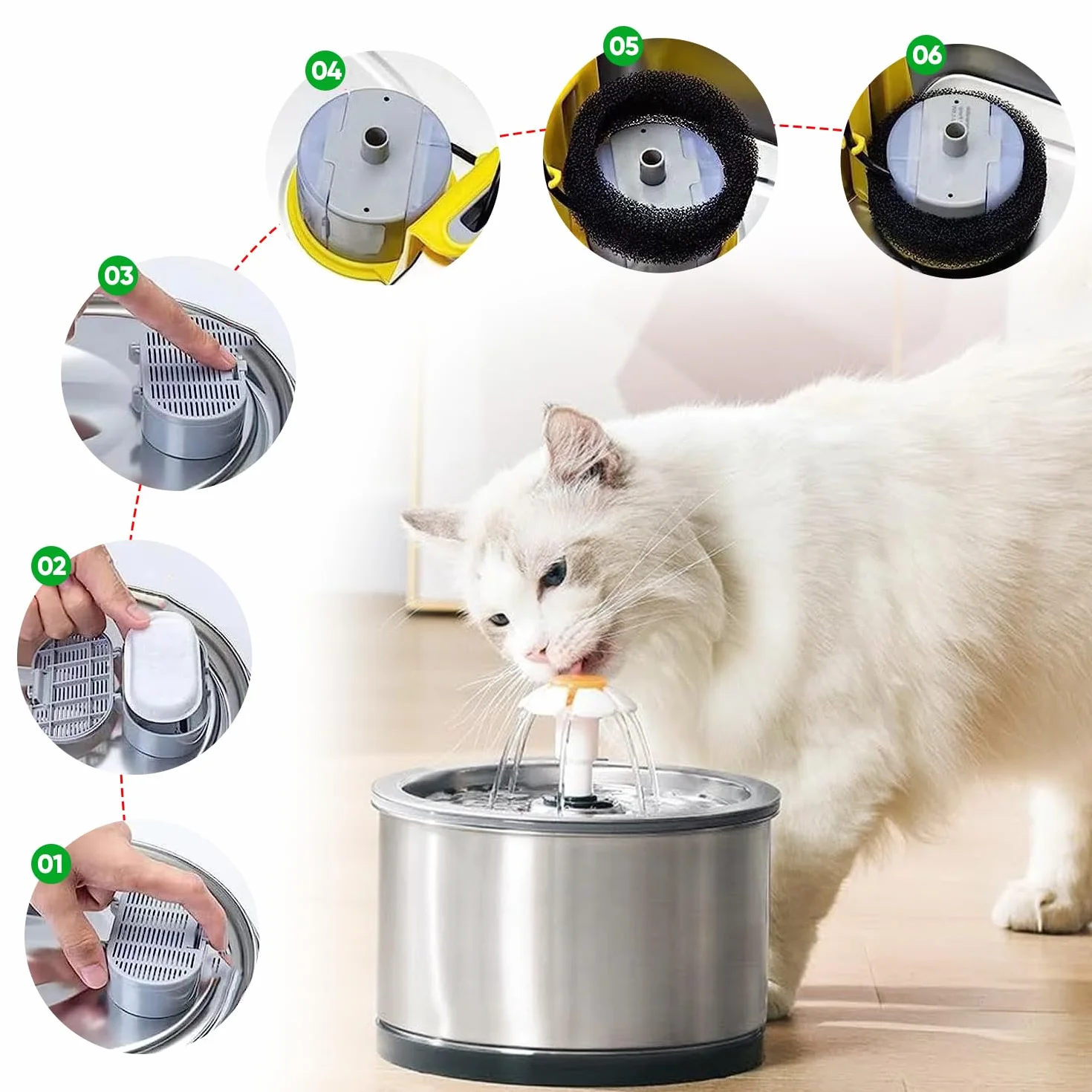 20 filtros de fuente para gatos, incluyendo 10 filtros de carbón y 10 esponjas de espuma, para una amplia gama de fuentes de acero inoxidable para gatos