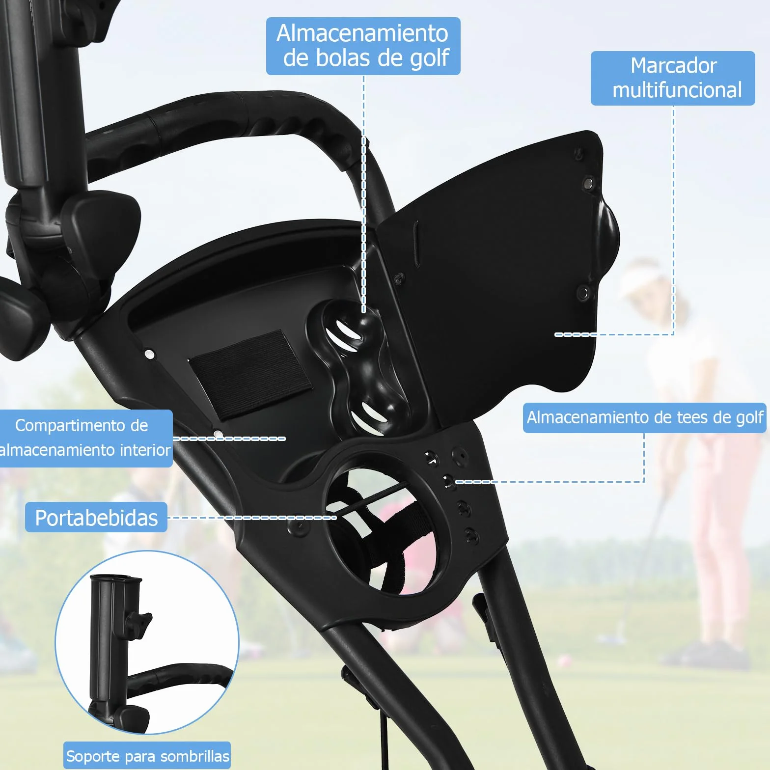 COSTWAY Carro de Golf Plegable 3 Ruedas con Bolsa Aluminio, Paraguas Regulable y Portavaso