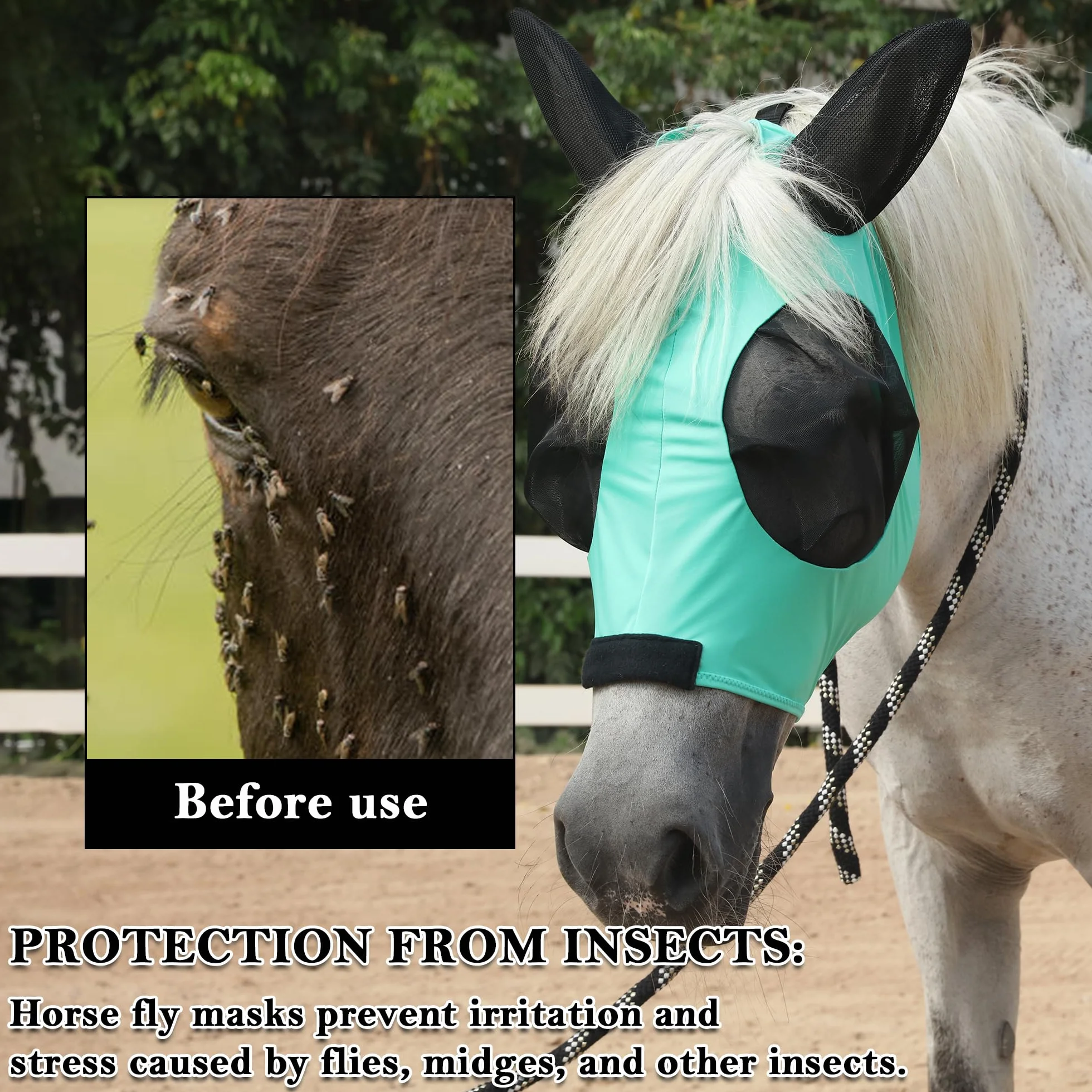 Máscara antimoscas para caballo, gran espacio para los ojos con orejas, súper cómoda, elástica, protección UV para caballo, mazorca verde