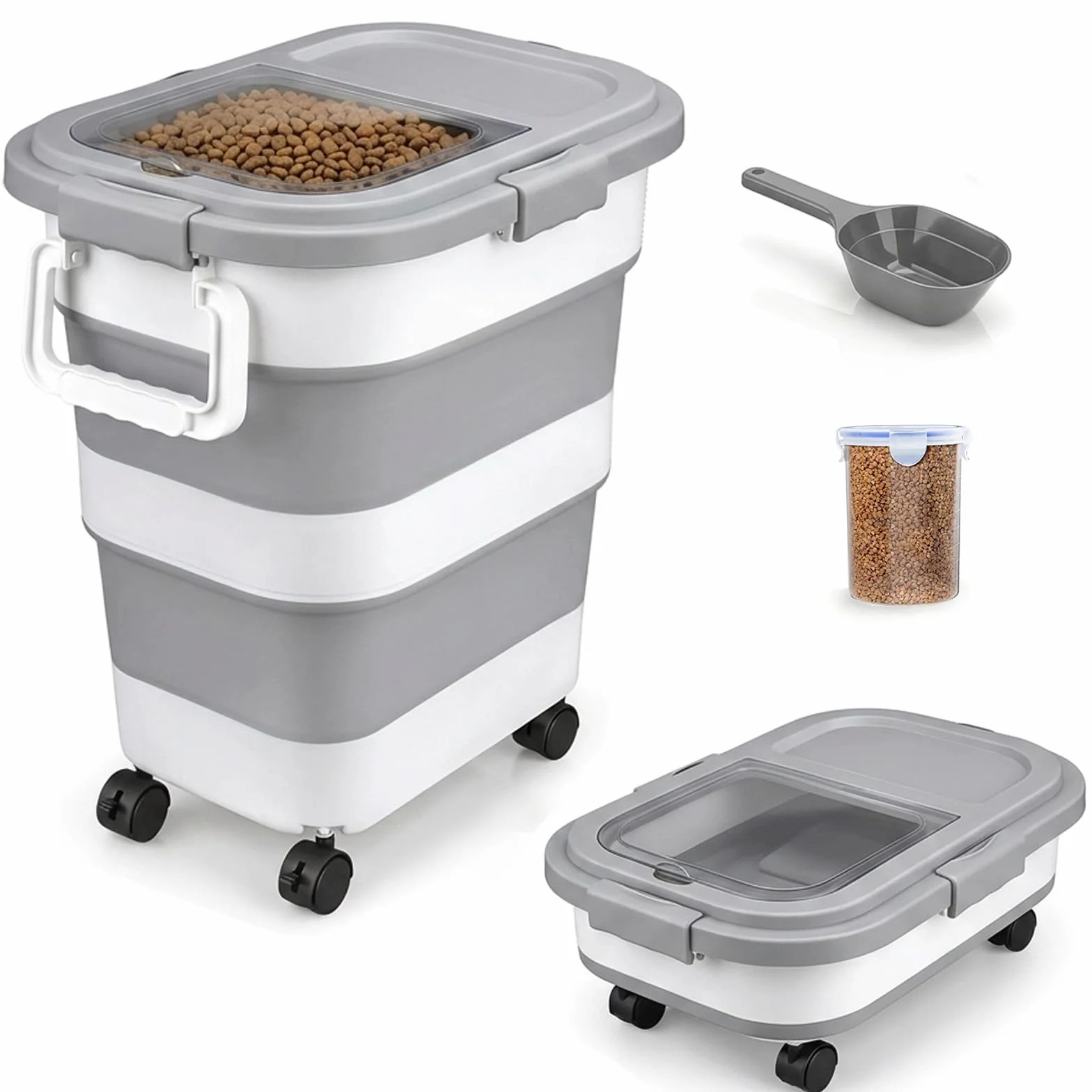 FUSHITON Gran Contenedor de Comida para Perros Plegable con Ruedas 24L/17,5kg – Recipiente Hermético para Pienso con Clip y Junta de Silicona, Incl. Pala + Taza Medidora 1000ml, Plegable Gris
