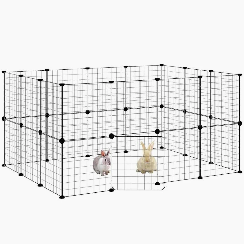 28 piezas de recinto para animales pequeños con puerta, color negro | Recinto flexible para animales pequeños hecho de acero resistente para conejos y cachorros en el salón o pasillo.