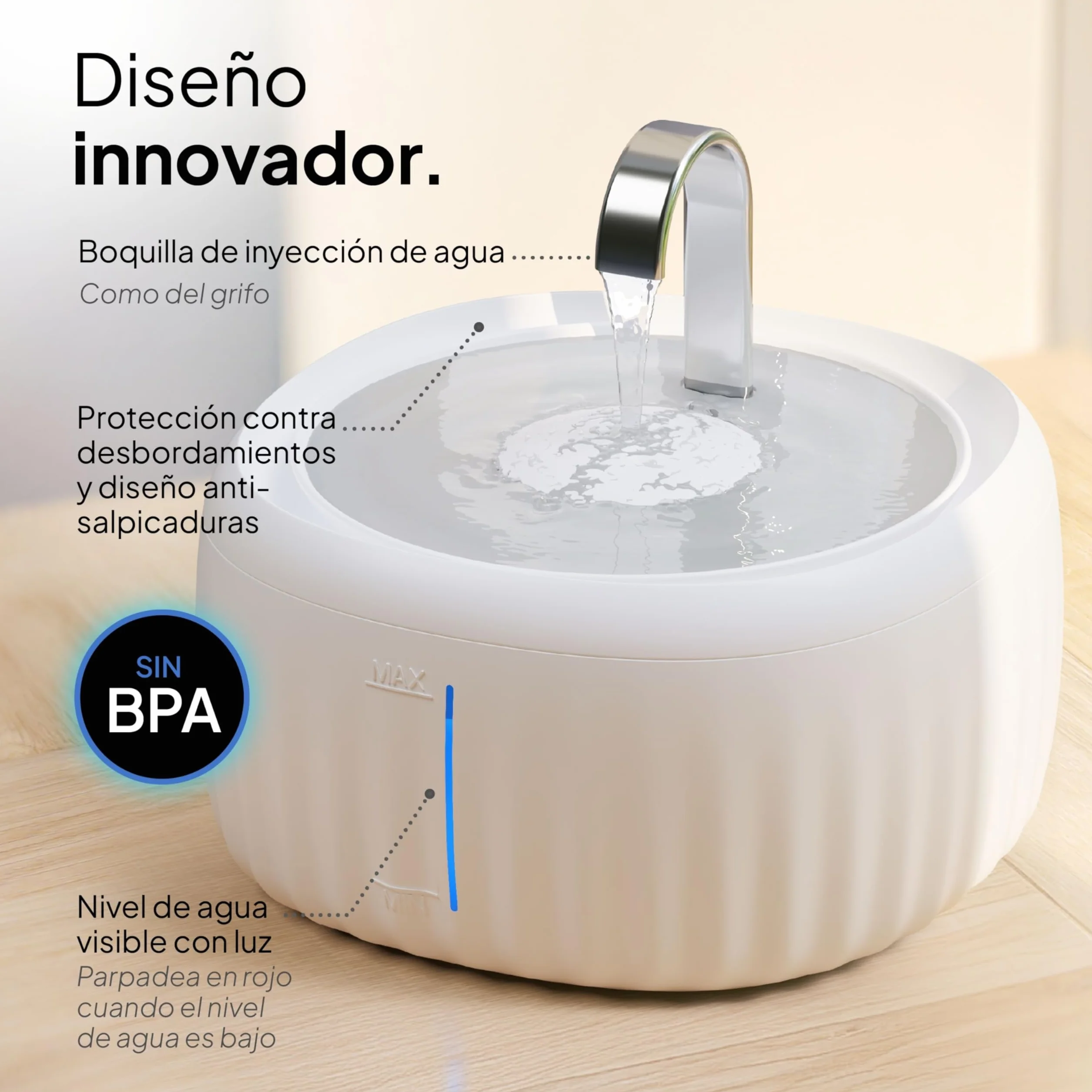 Pretty Paw Fuente de Agua para Gatos 3L con Indicador LED MIN/MAX - Funcionamiento Silencioso y Fácil Limpieza, Bebedero Automático con Filtro para Interior - Aquaflow (Blanco)