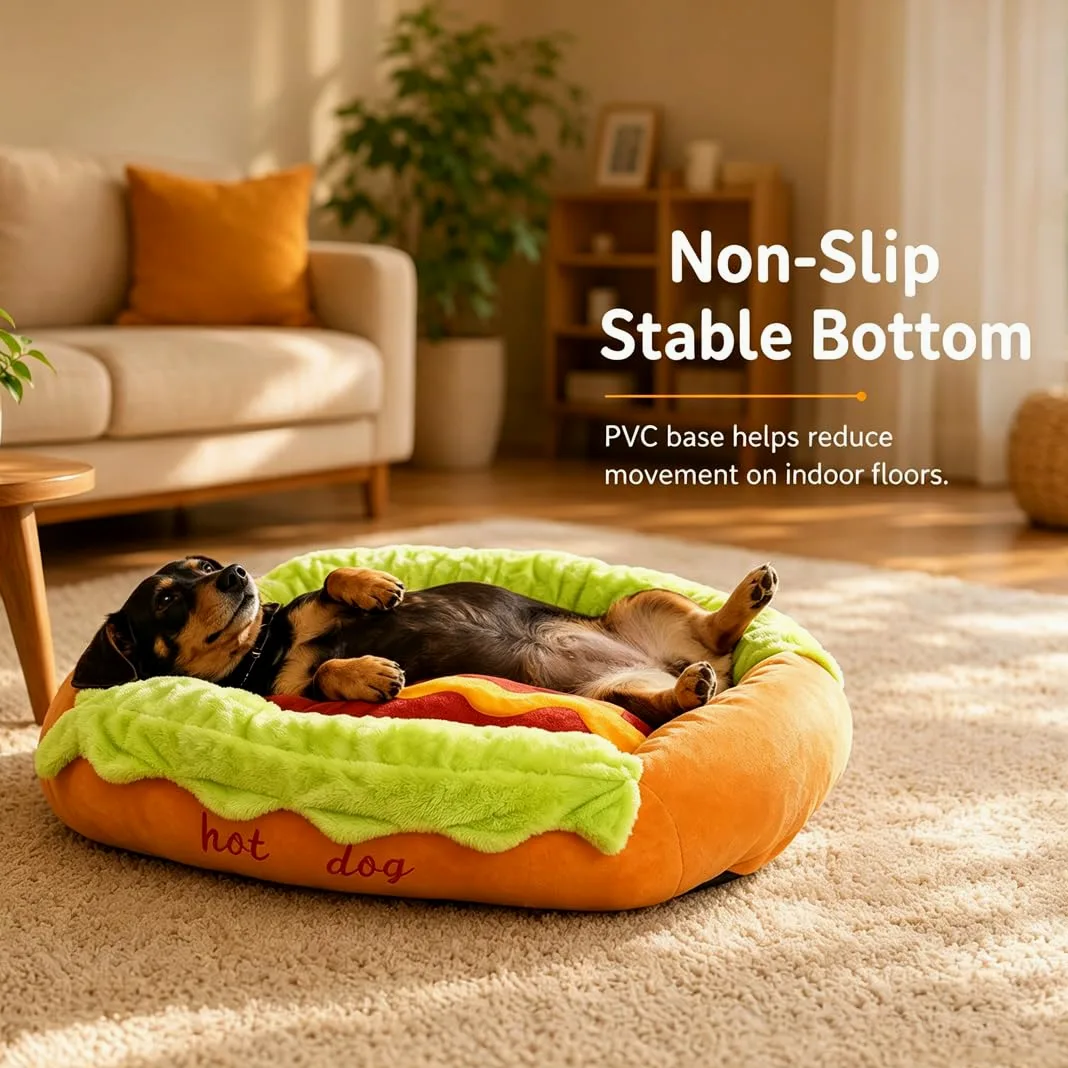 Cama Hot Dog para Perro Salchicha, Sofá de Peluche en Forma de Pan para Perros Pequeños y Gatos, Colchoneta Extraíble Lavable y Base Antideslizante (Hot Dog Bed,XL)