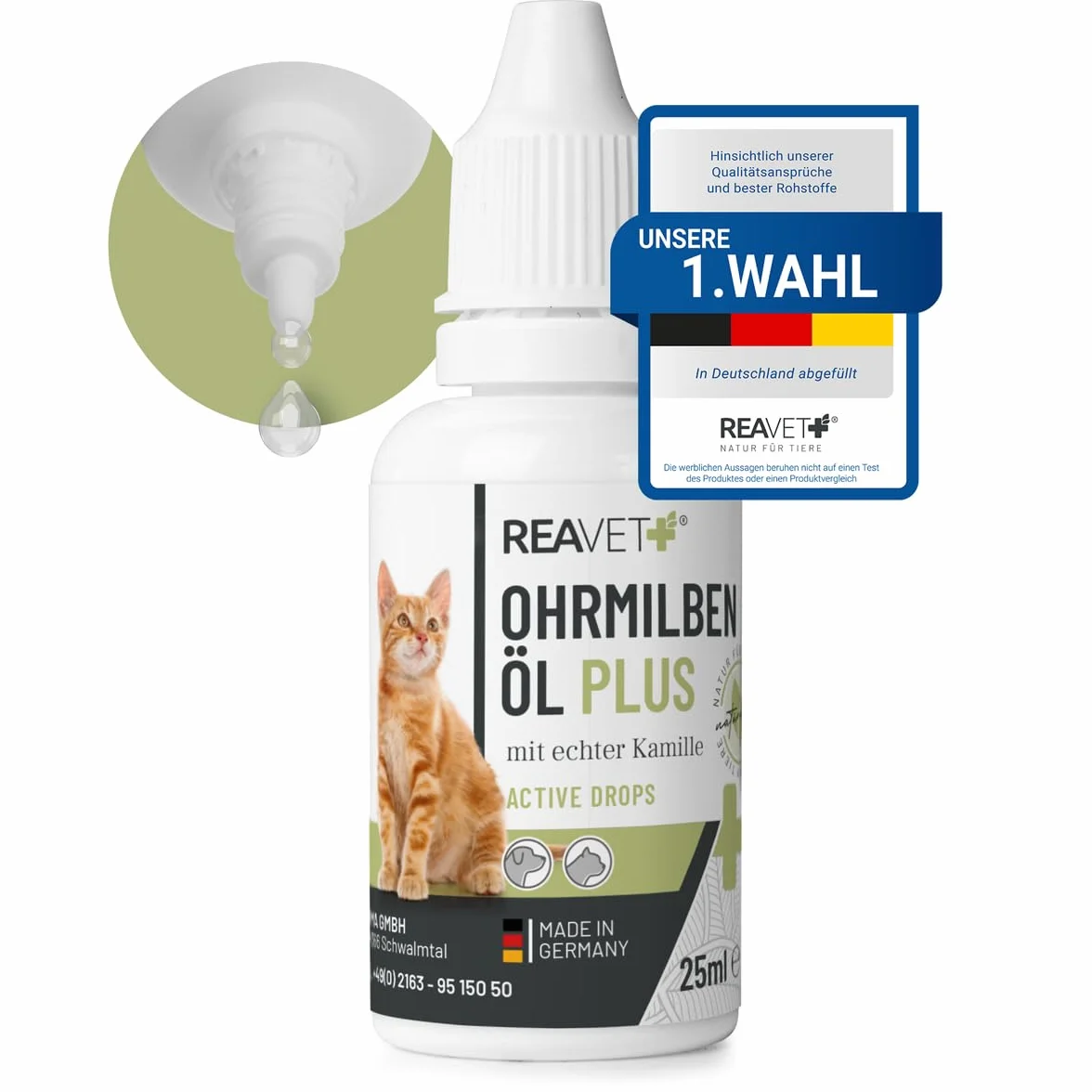 ReaVET Aceite de ácaros del oído Plus 25 ml para gatos de inmediato – contra los ácaros del oído con manzanilla para gatos, cuidado suave en caso de picazón en el oído, gotas para los oídos, ácaros,