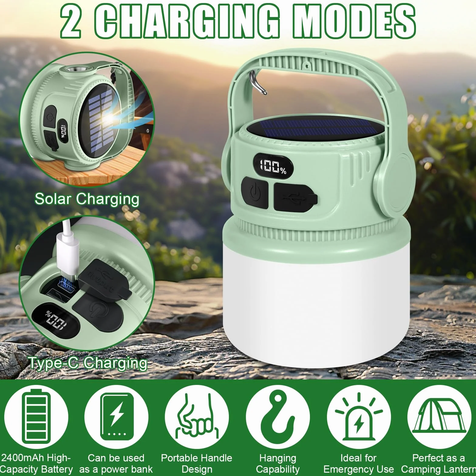 Lámpara Camping Solar Recargable 2400mAh LED Super Brillante IPX5 Impermeable