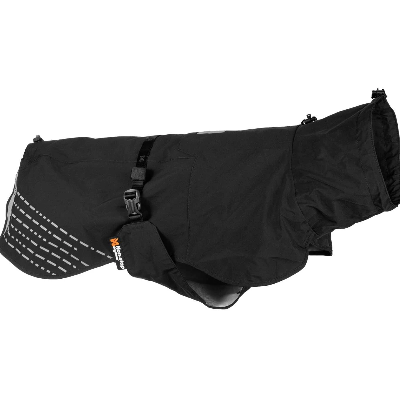 Non-stop dogwear Chubasquero Fjord impermeable para perro, ajustable y transpirable con reflectante, aberturas de correa y correas para las piernas, color negro para perros pequeños, talla 40