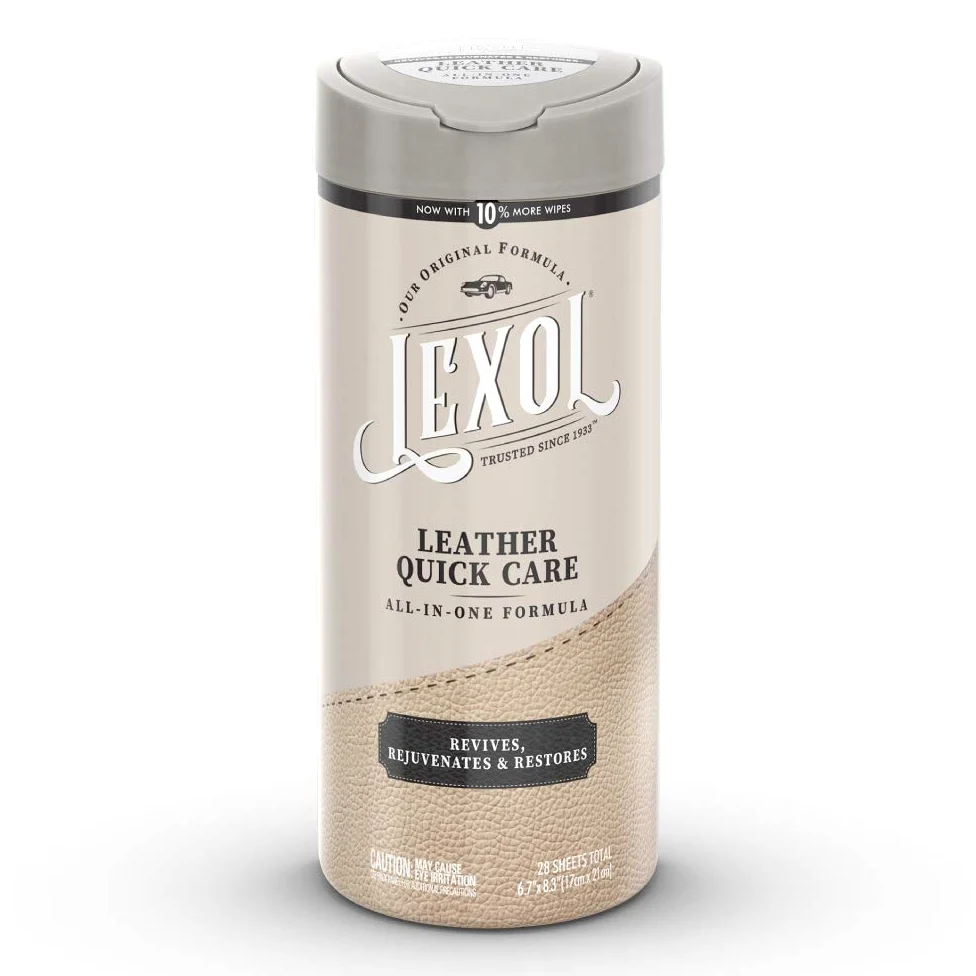Lexol All Leather Quick Care - Fórmula todo en uno, el mejor limpiador y acondicionador de piel, para uso en aparatos de cuero, interiores de coche, zapatos, bolsas, toallitas de hojas de 28 cuentas,