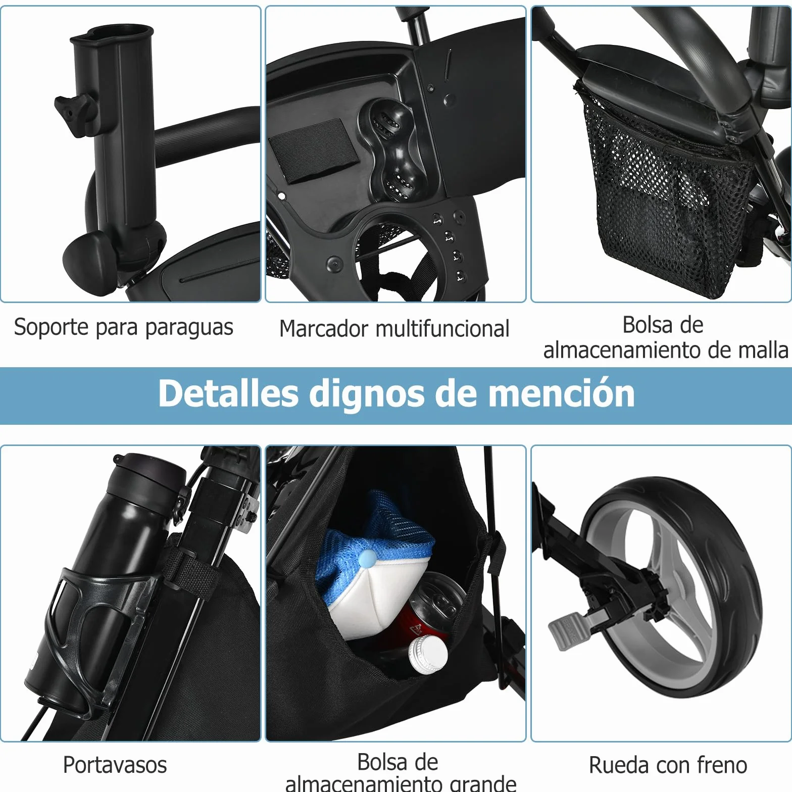 COSTWAY Carro de Golf Plegable 3 Ruedas con Altura Regulable, Asiento, Porta Paraguas y Bebidas