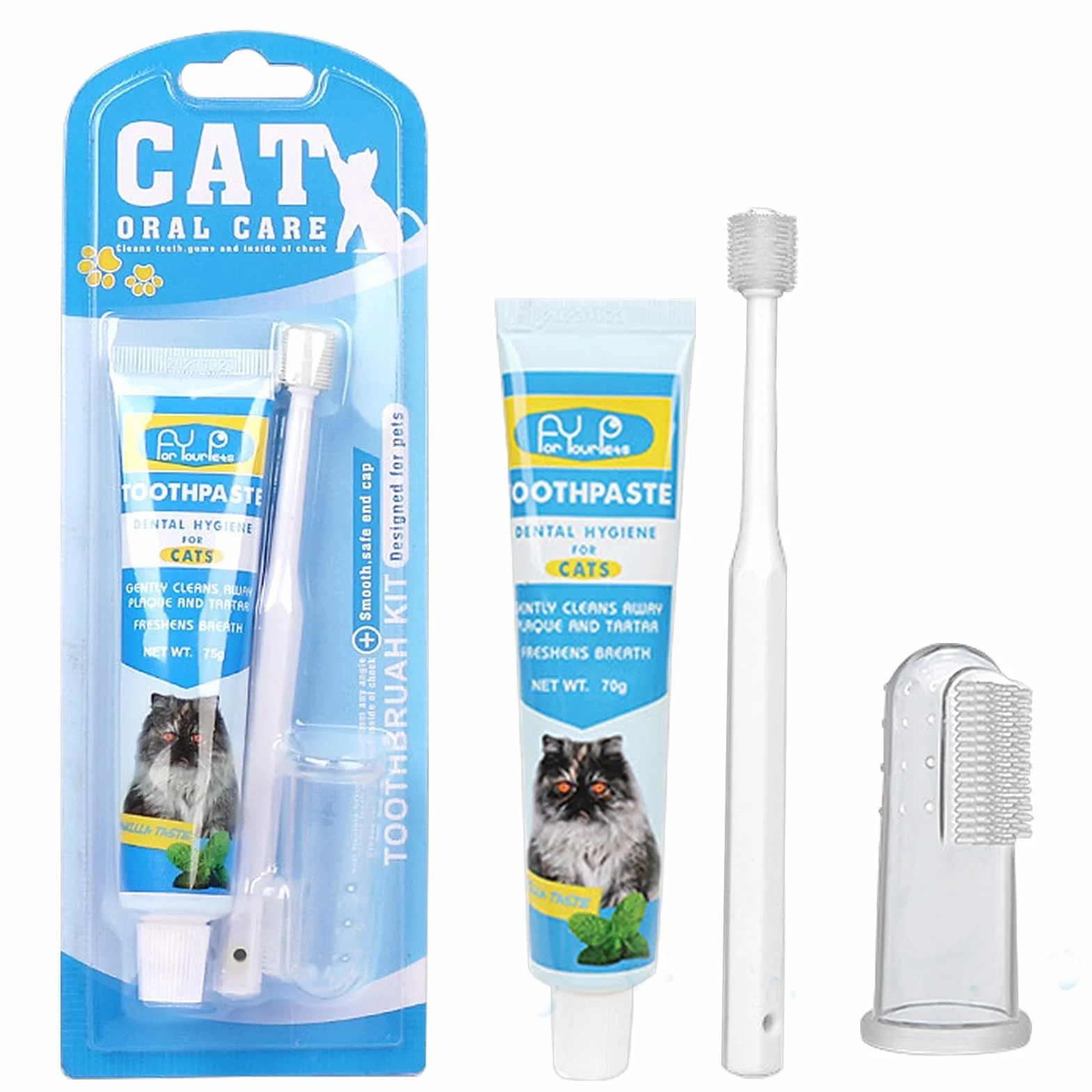 Pasta de dientes para gatos con cepillo de dientes y cepillo de dientes para perros y gatos, elimina la placa y el sarro, aliento fresco y bueno para los dientes