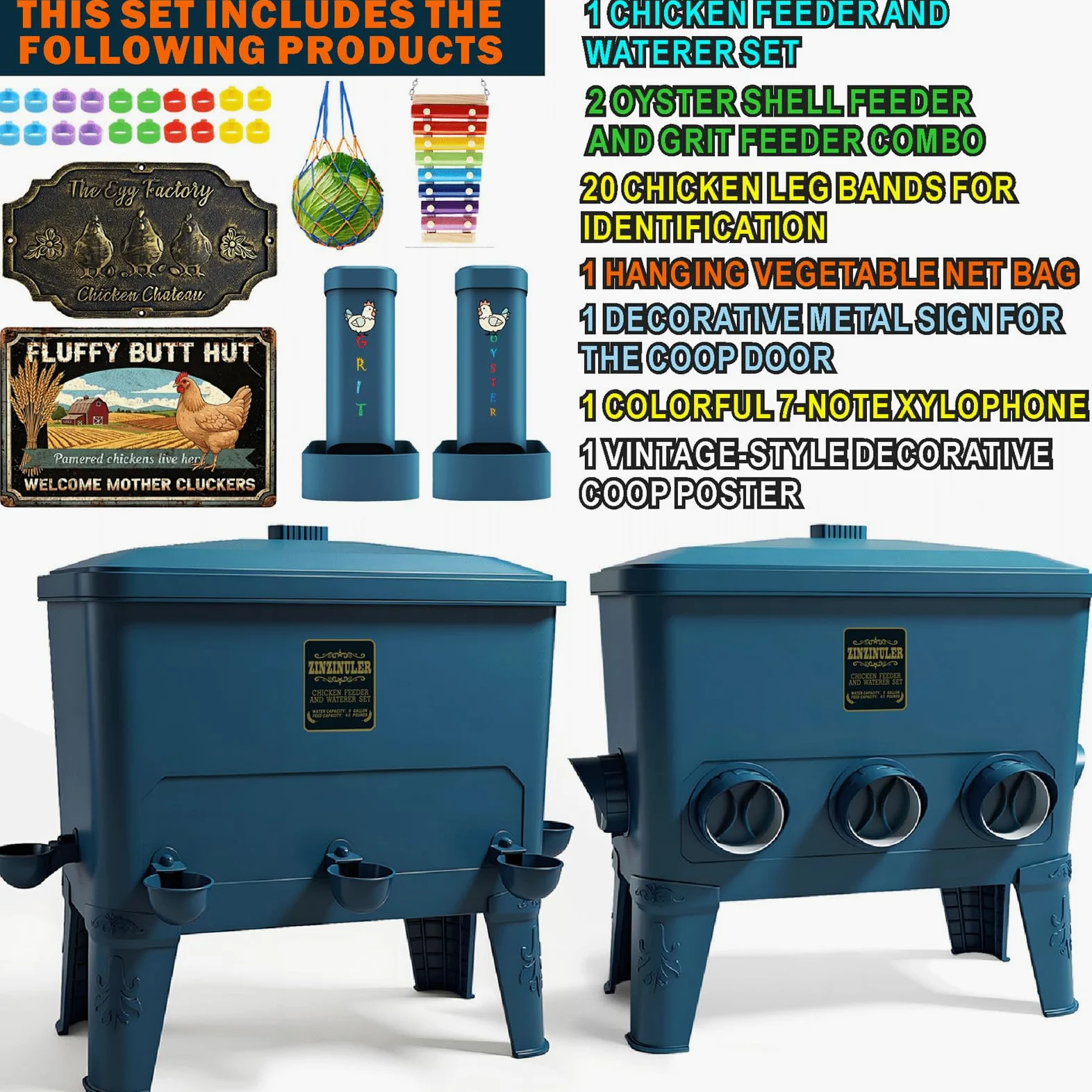 ZINZINULER Juego de comedero automático grande para pollos y bebedero de tazas, accesorios para gallineros, comedero para aves de corral sin residuos, 9 galones/50 libras (cian)