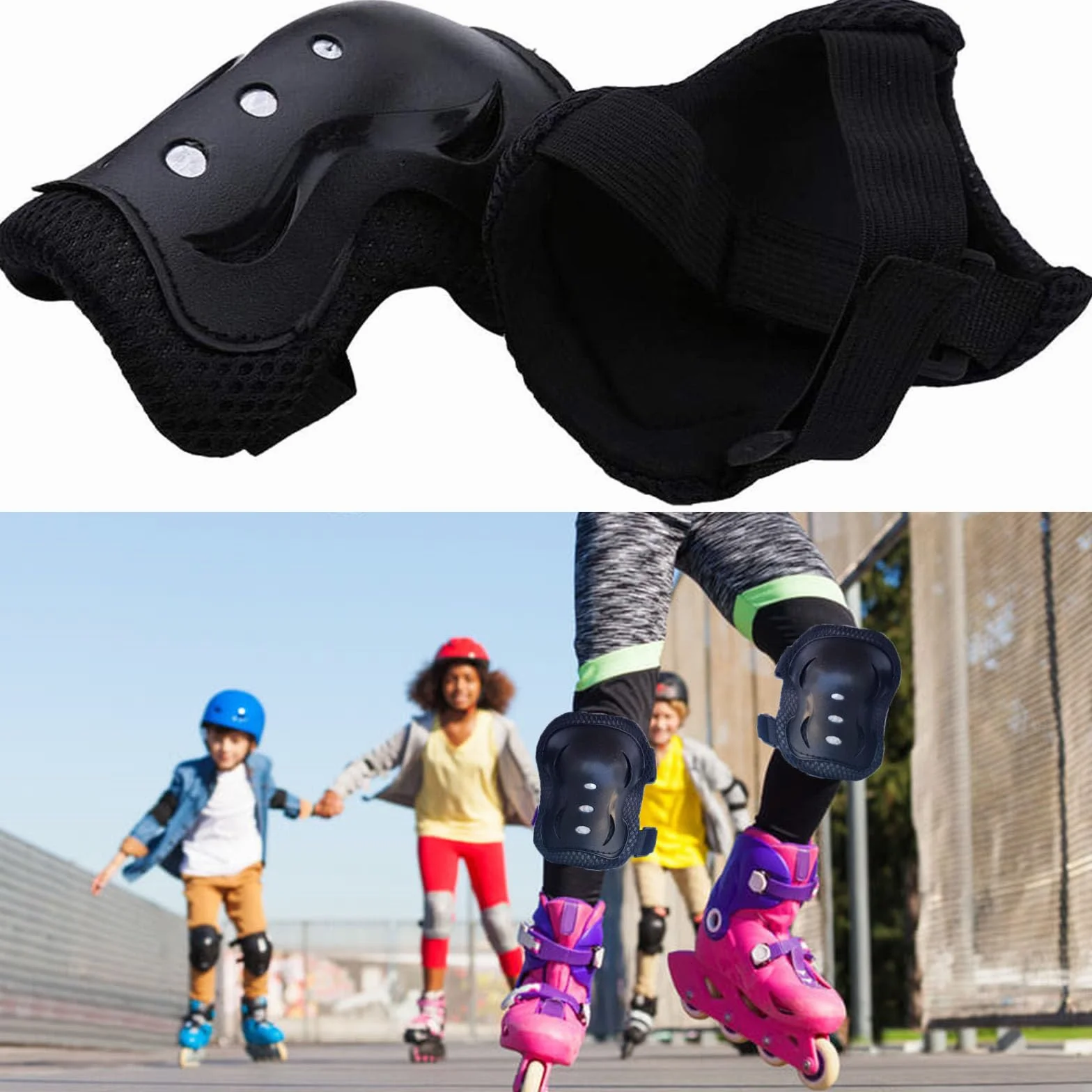 Set de Protección Infantil Negro Rodilleras Coderas Muñequeras 6 Piezas para Patines Bicicleta