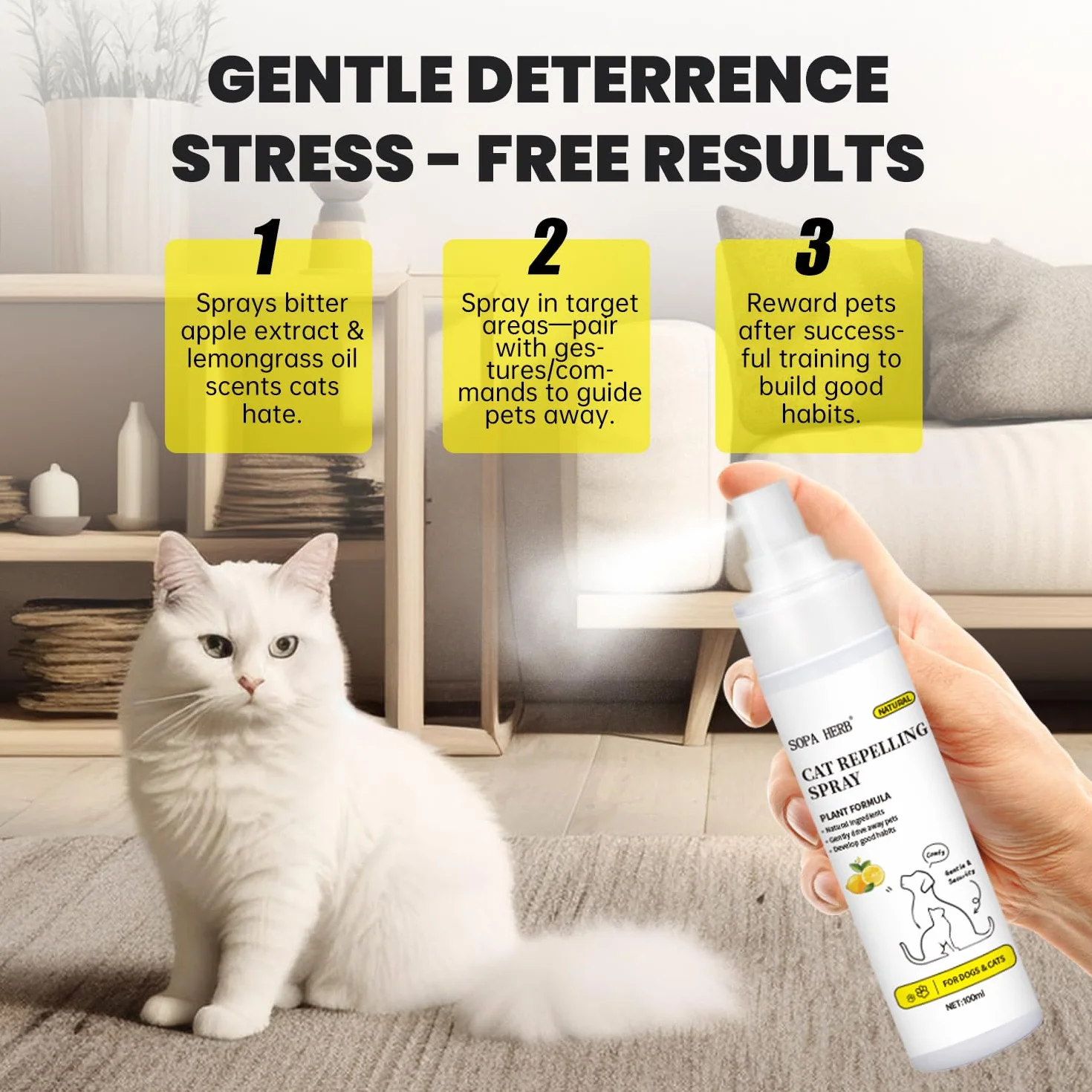 Sopa - Spray repelente para gatos, fórmula natural a base de plantas, protección interior y exterior, 100 ml