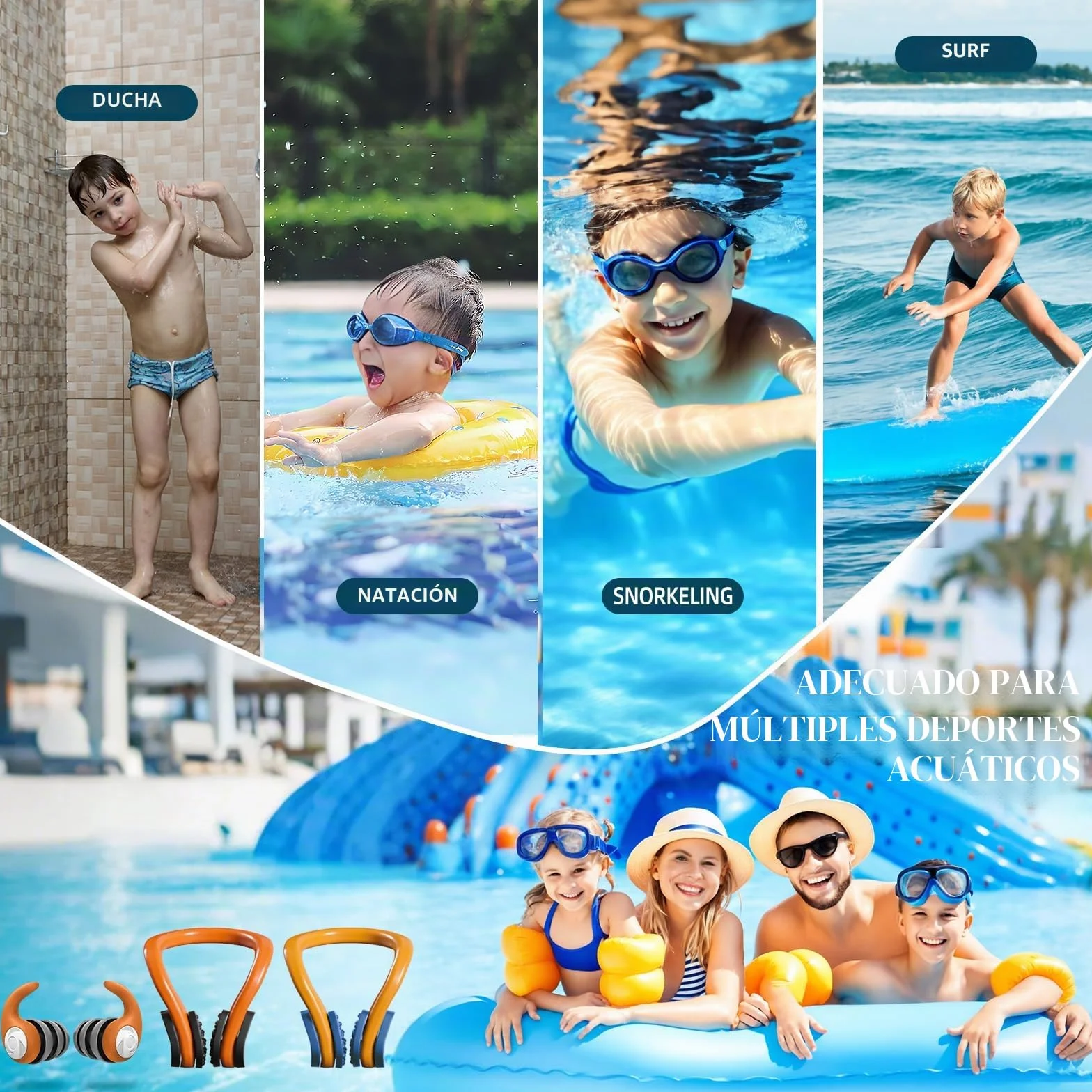 Pinza Nariz Natación Silicona Impermeable + Tapones Oídos Para Niños y Adultos – Accesorios Piscina con Caja Almacenamiento Reutilizable