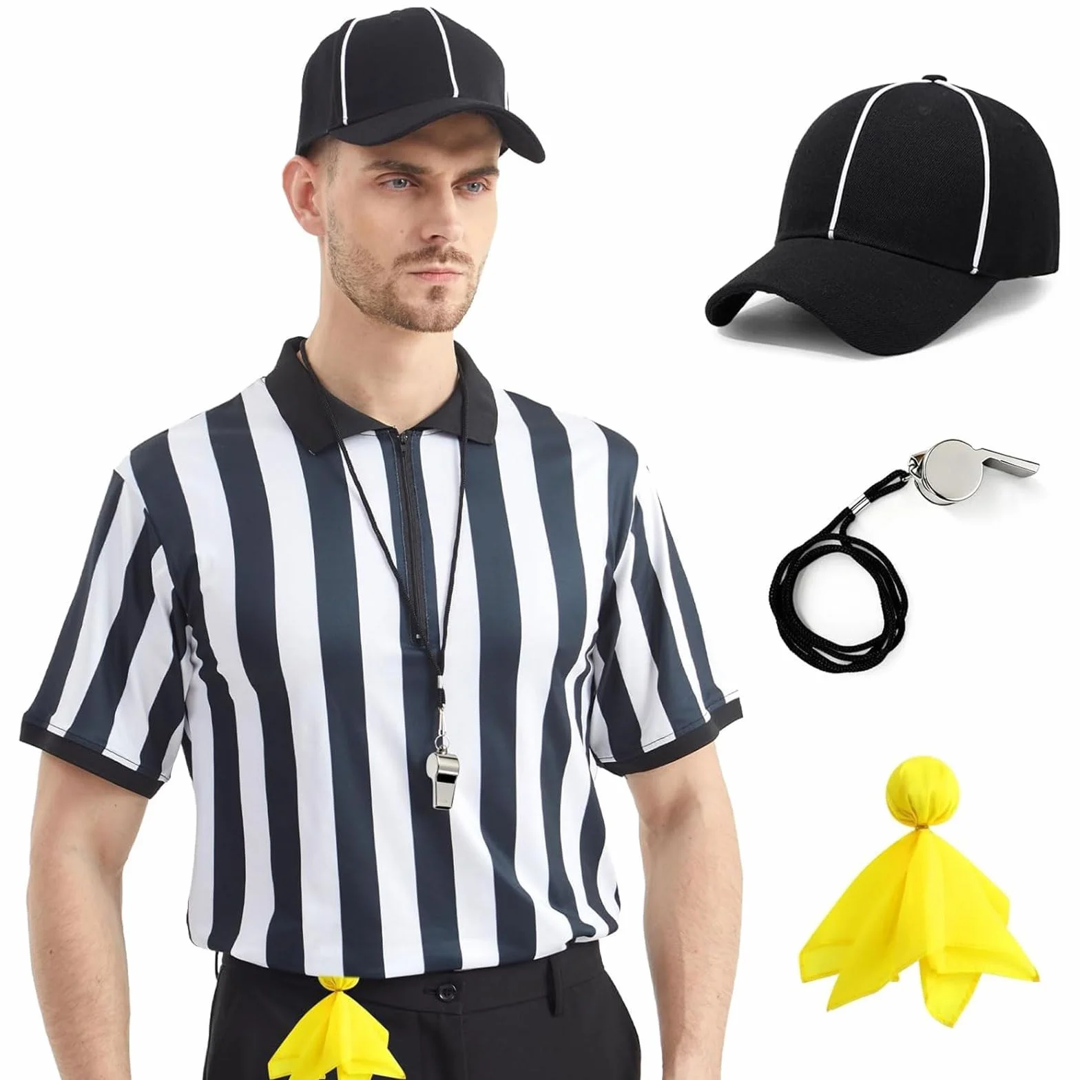 Conjunto de Uniforme de Árbitro 4 Piezas con Cuello Cremallera, Silbato, Sombrero y Bandera para Fútbol