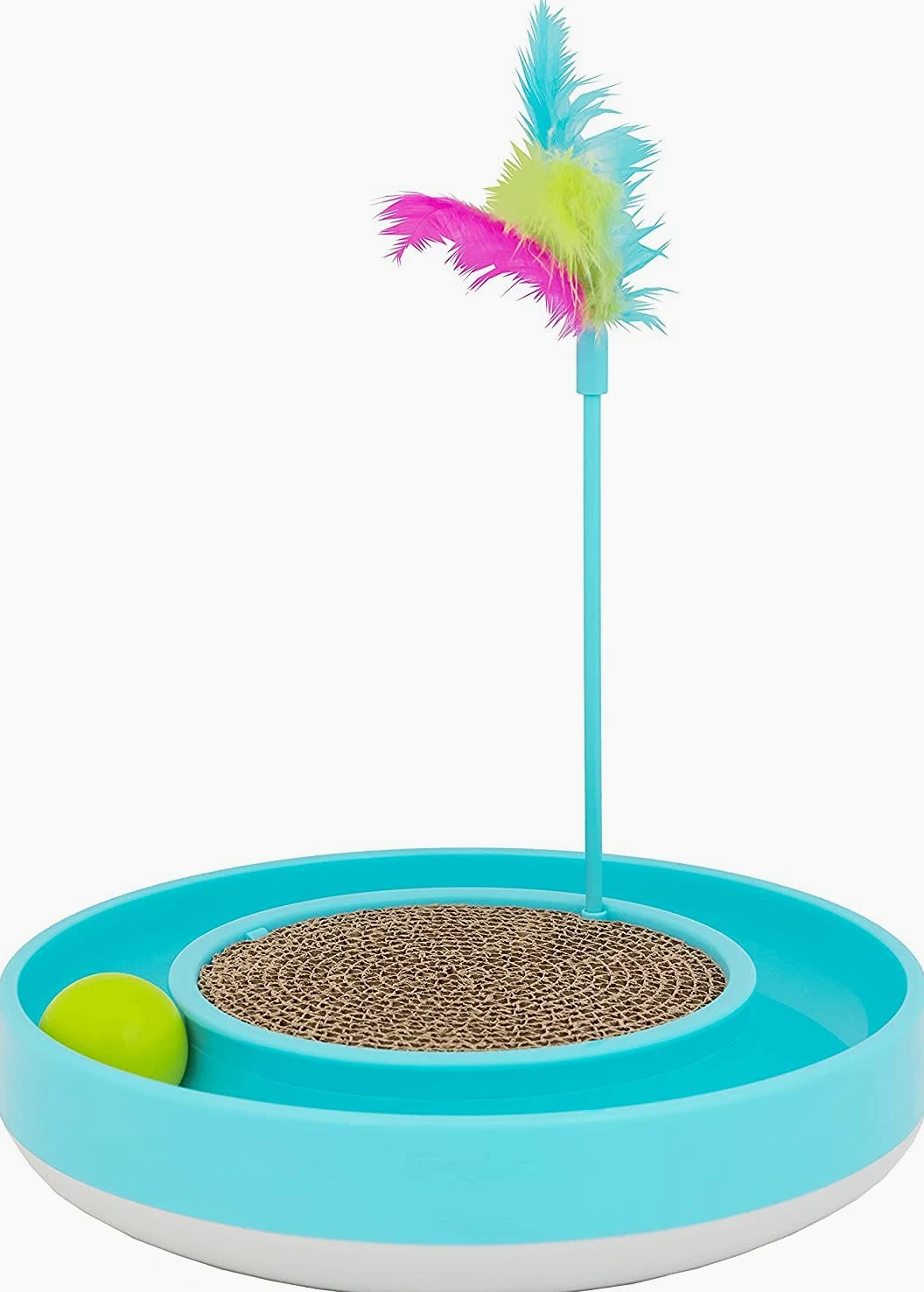 Our Pets Juguete para Gatos Wobble Scratch Track - Juguetes interactivos para Gatos de Interior con Pista de Bola para Gatos Que Rueda, Varita de Plumas y Almohadilla rascadora. Ideal como Juguete