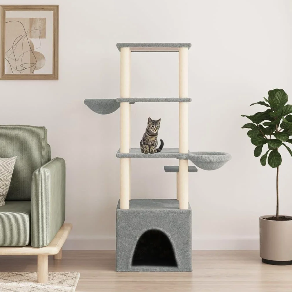 Árbol trepador de 147 cm de alto con 2 cuevas y troncos de sisal, color gris claro | Mueble para gatos de varios niveles para el salón con cómodas superficies de descanso de felpa suave y base resistente.