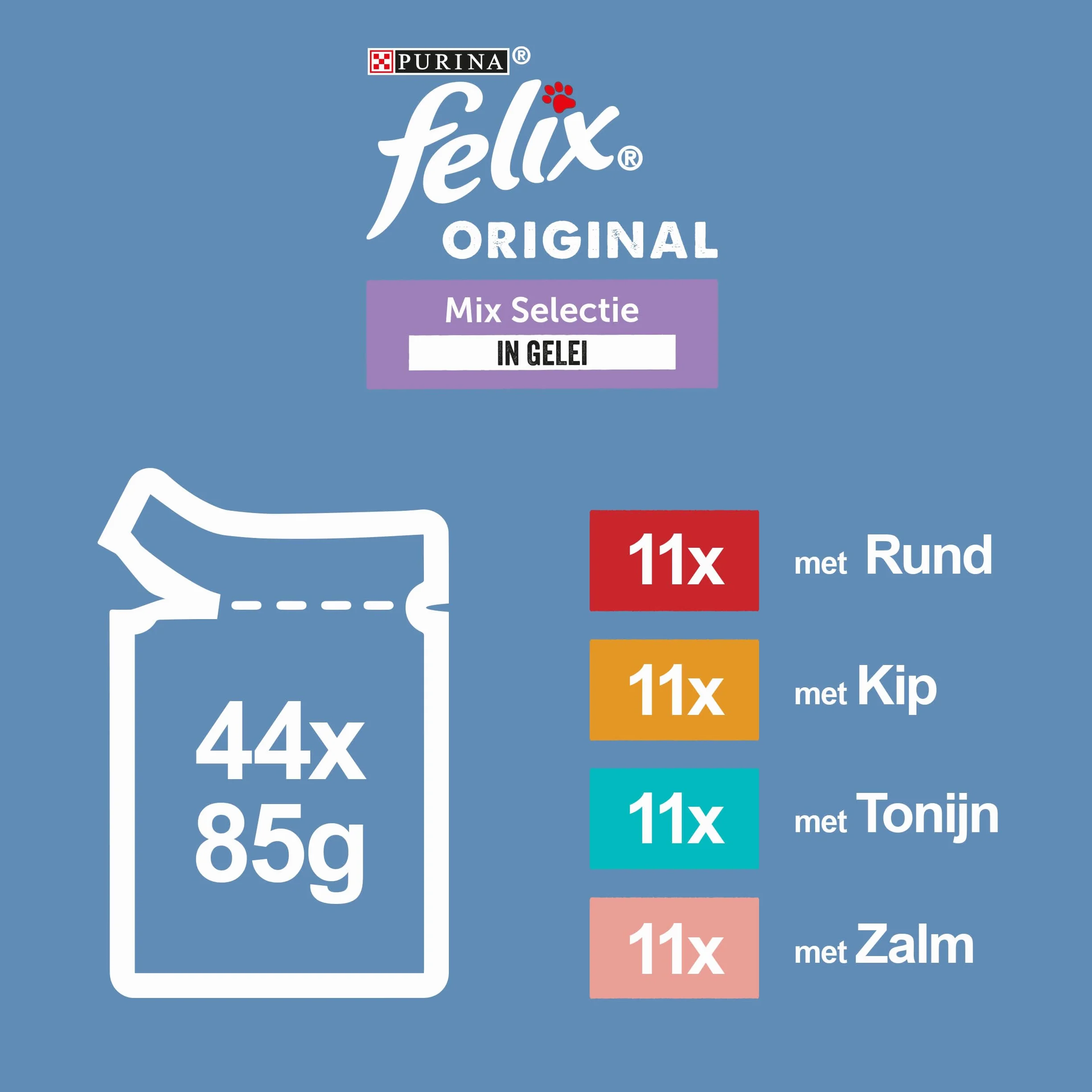 Felix Selección de Mezcla en Jalea de Comida para Gatos, Bolsas de Comida húmeda con Carne de Res, Pollo, salmón y atún, 44 x 85g (44 Bolsas de Comida; 3,7kg)