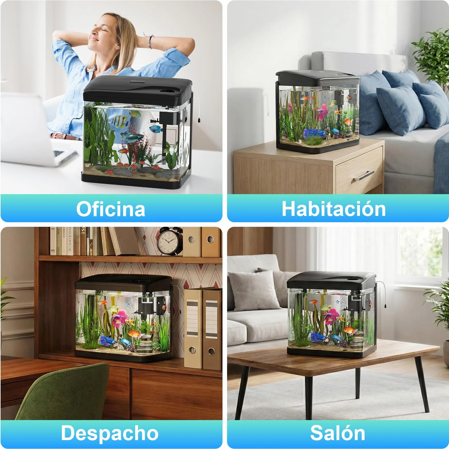15L Acuario de Cristal Acuarios y Peceras Completas,con Sistema de Filtrado Integrado e Iluminación LED,Acuarios de Iniciación, Negro