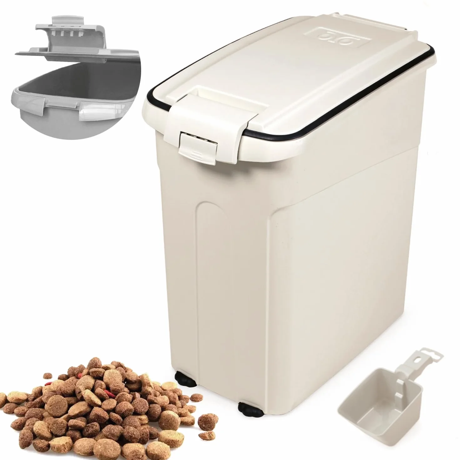 BPS Contenedor de Comida para Mascotas Caja de Alimentos Pienso 54L Tapa Abatible Hermética con Pala para Perros y Gatos (L: Blanco) BPS-4159BL