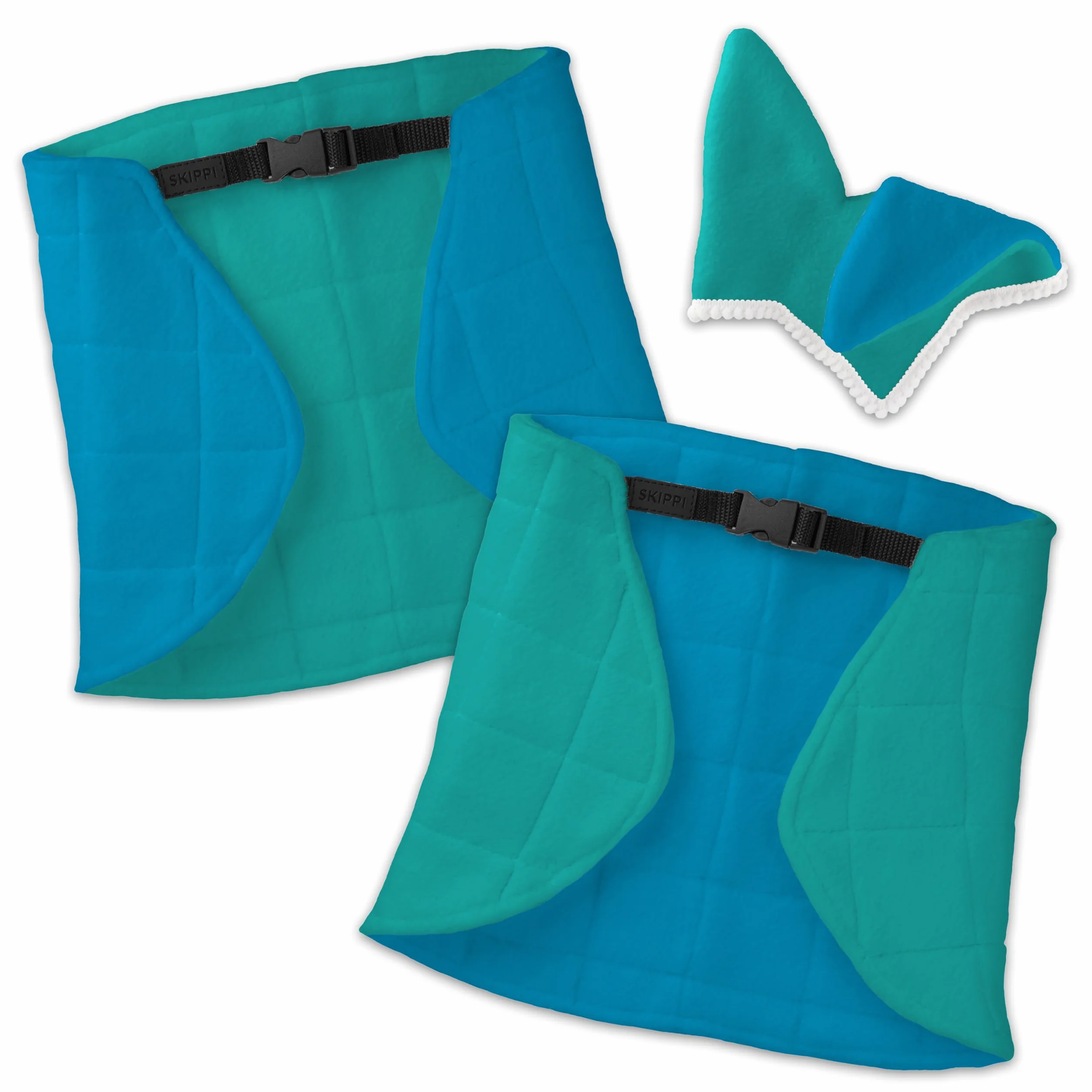 SKIPPI Manta y Orejeras para Caballo Hobby Horse – Menta y Azul, Hobby Horse Accesorios, Manta Reversible y Orejeras Antimoscas para Caballo de Palo, Hobby Horsing