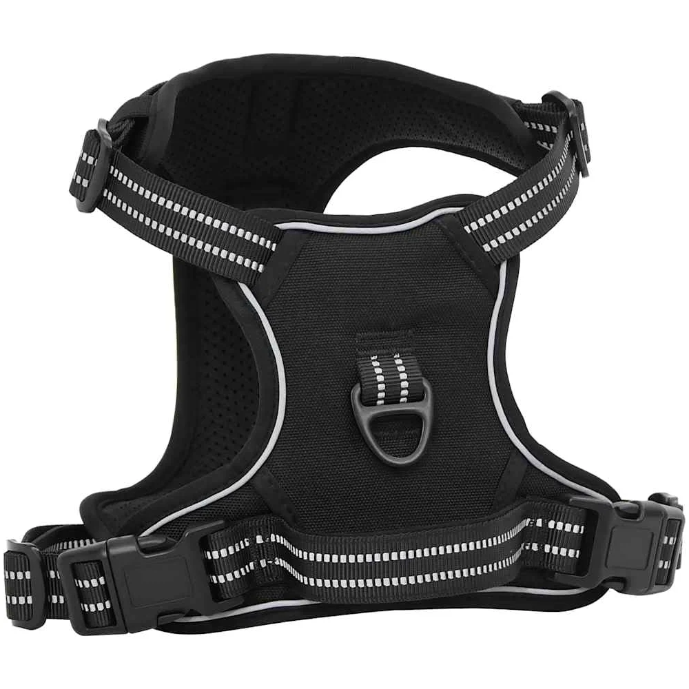 Arnés reflectante ajustable negro XL de poliéster con 4 correas, 2 anillos de correa y mango de seguridad para cachorros, paseos, entrenamiento y uso al aire libre