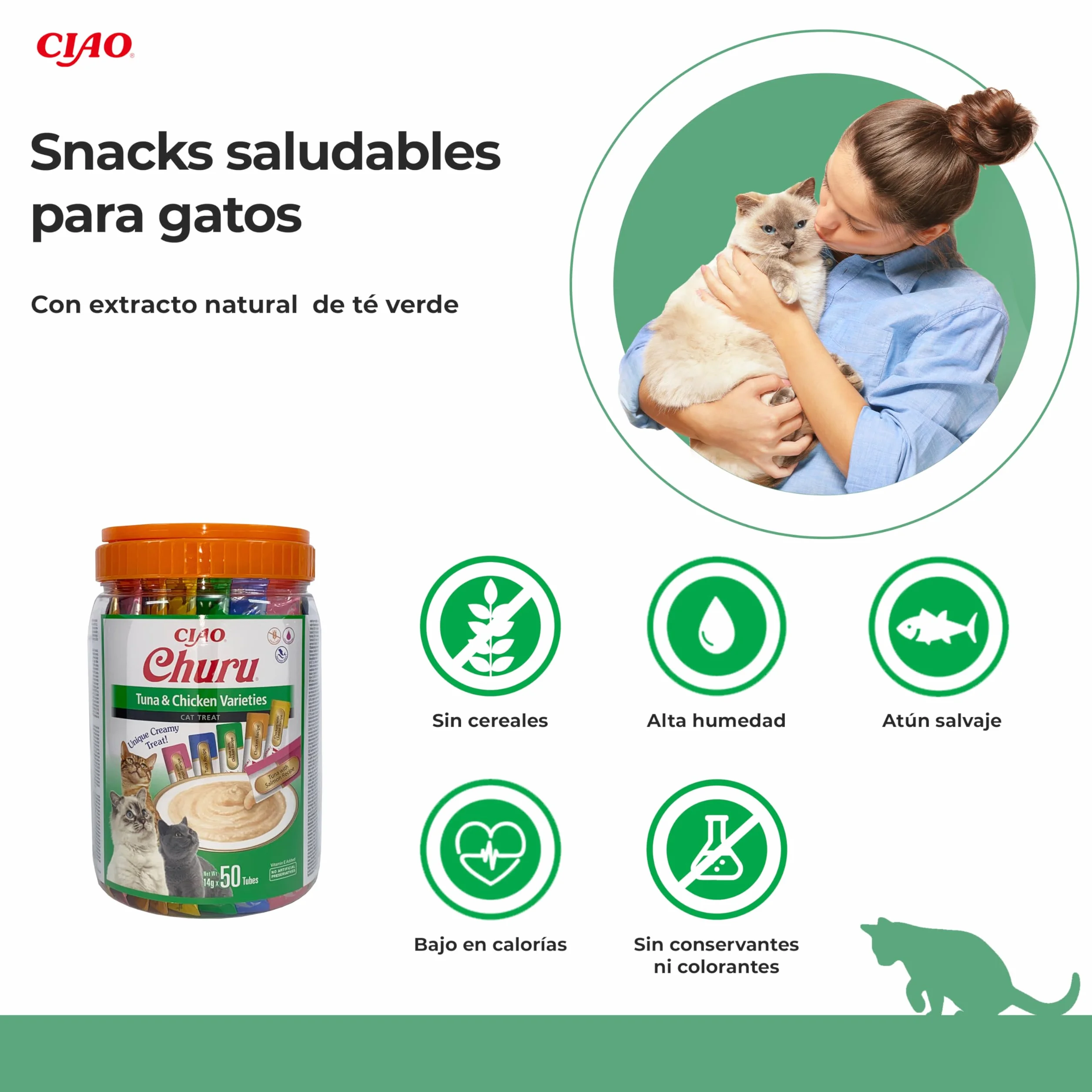 INABA Churu Gatos - Receta de Atún con Pollo - Snacks Saludables - Deliciosos Premios con Textura Suave y Cremosa - Natural, Sin Cereales, Sin Conservantes, Sin Colorantes - 700g (50x14g)