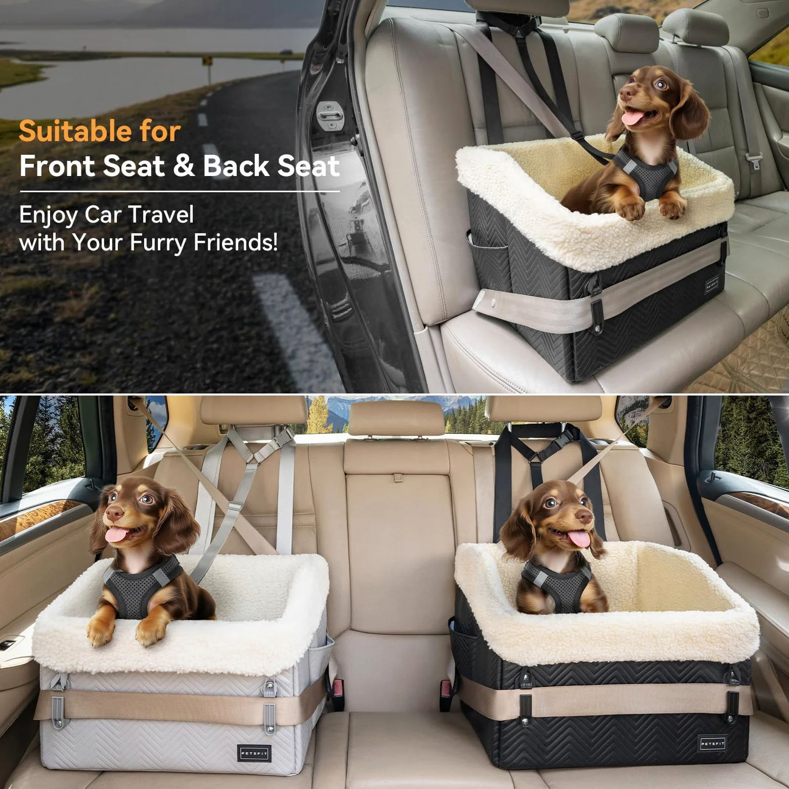 PETSFIT Asiento de Coche para Perros Pequeños (Ajustable 12,5cm) - Dog Car Seat Bed Sillas para Perros para Coche con Hebillas de Seguridad Patentadas