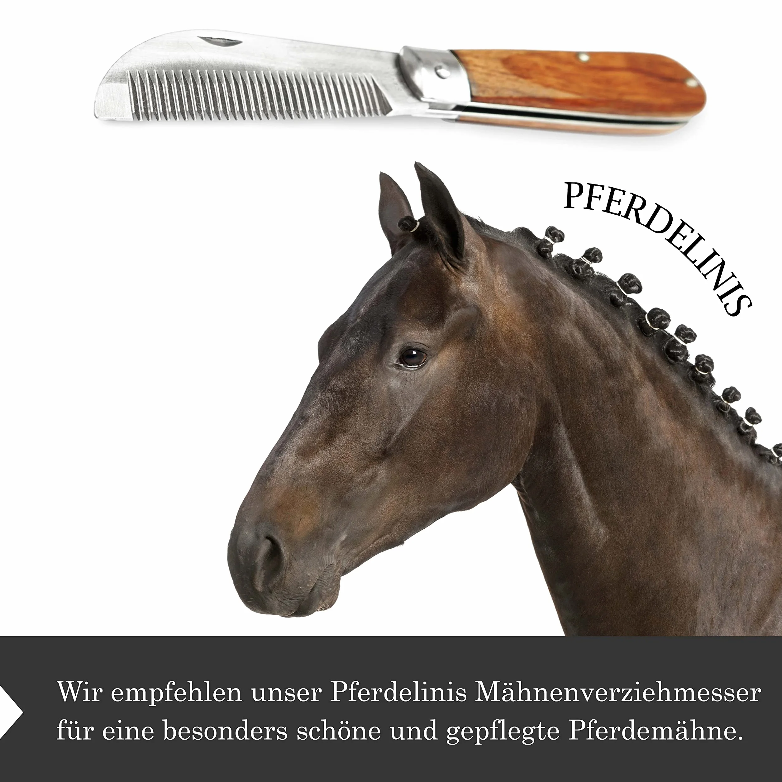 Cuchillo para crines de caballo, longitud de 18 cm, mango de madera resistente, plegable, acero inoxidable, mango de madera