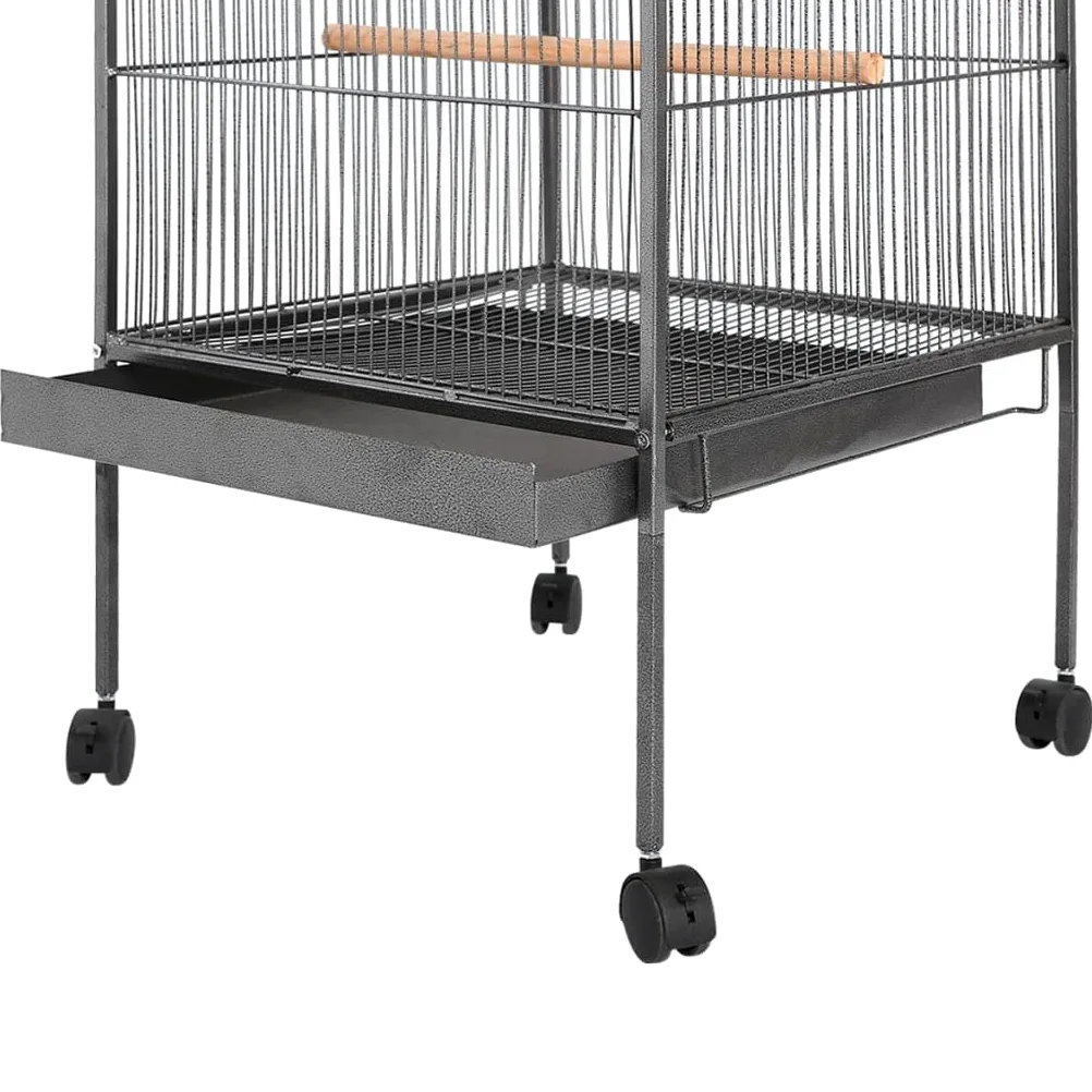 Jaula para pájaros negra de acero, 54 x 54 x 146 cm, espaciosa pajarera con barras de madera y plástico, enrollable para loros, canarios, periquitos, interior ideal como parque infantil