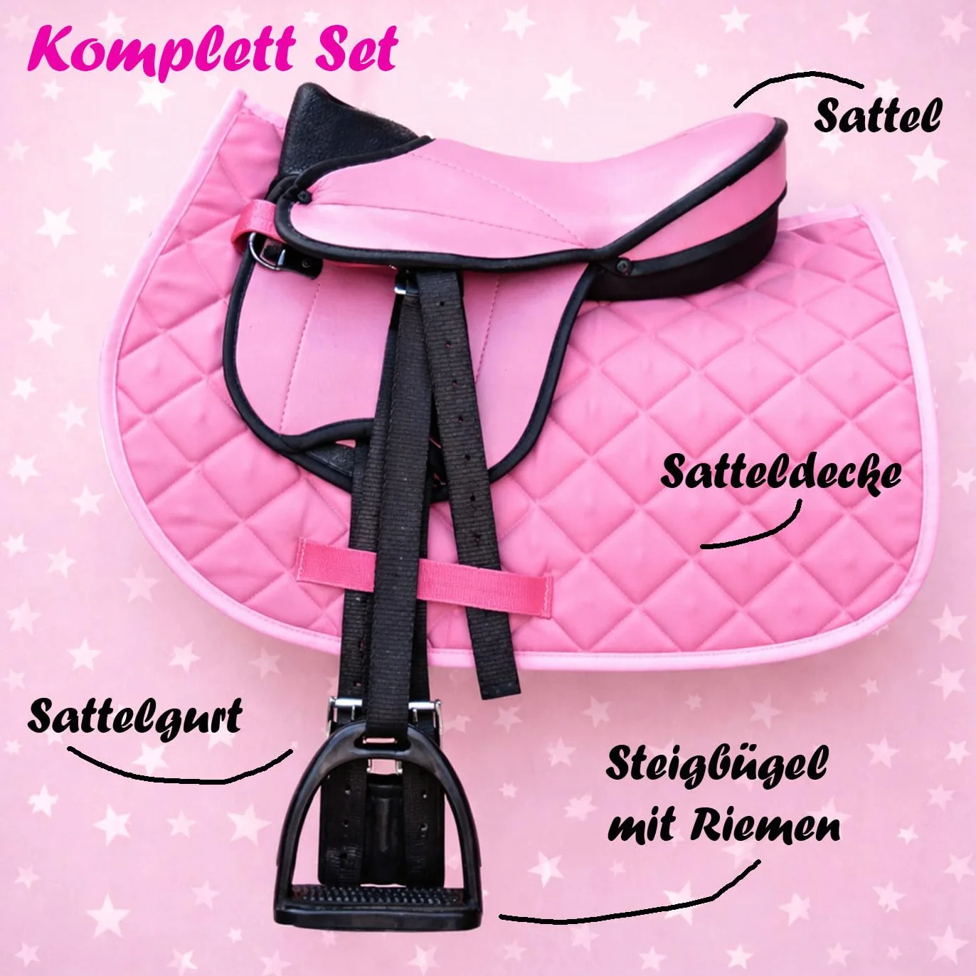 Brama West Juego de silla para shetty infantil "My Little Pony" | Silla para shetty, caballo de madera, caballo de peluche | con funda de silla, cinturón de silla, estribos y correa de estribo - Rosa