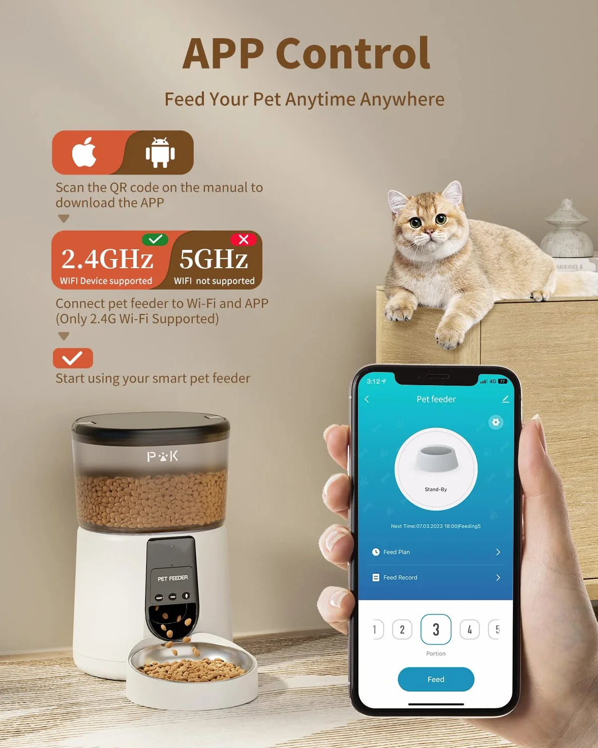 PUPPY KITTY Comedero Gato Automatico, 2.4G WiFi 4L Dispensador Comida Gatos con Bol de Acero Inoxidable, App Control, Grabación de Voz 10S, 1-10 Comidas