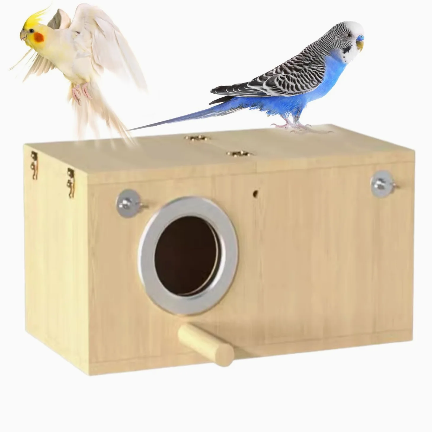 Nido de pájaros, jaula de madera, tapa con bisagras, repisa para posarse, para planeador del azúcar, ardilla, rata, pinzón, periquito, agapornis, loro, canario, cacatúa, otras aves y mascotas pequeñas