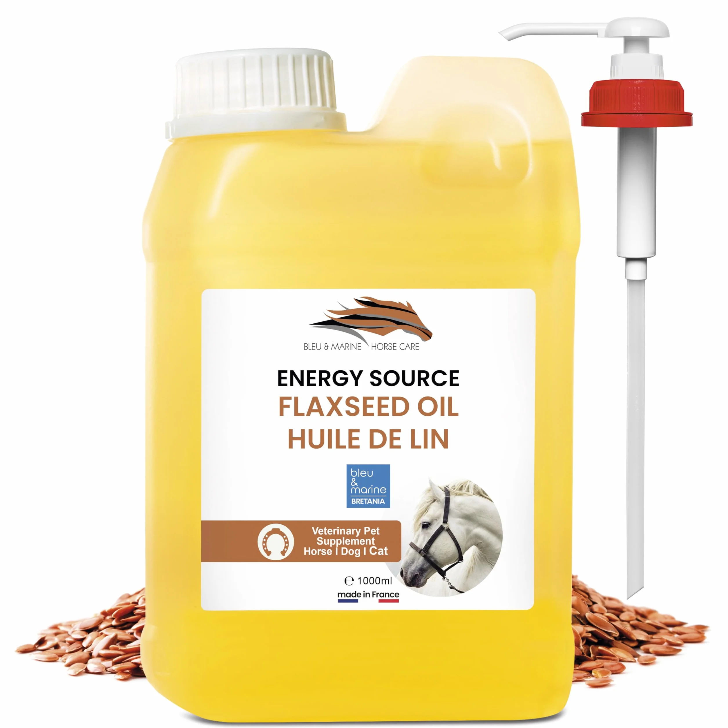 Vet Aceite de Linaza 100% Puro y Natural. Prensado en Frio de Semillas de Lino. Suplemento Alimenticio para el Cuidado de Caballos, Mascotas (Gatos y Perros). Bienestar y Salud Animal 1000 ml 1 L