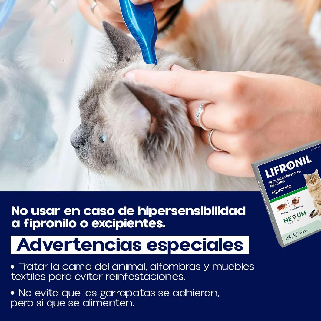 Pipetas Gatos LIFRONIL x3 Pipetas contra Pulgas y Garrapatas | Apto para Todo Tipo de Gatos a Partir de 2 Meses y más de 1 kg de Peso | Protección hasta 5 Semanas | Nexum Market (Pack de 1 Unidad)