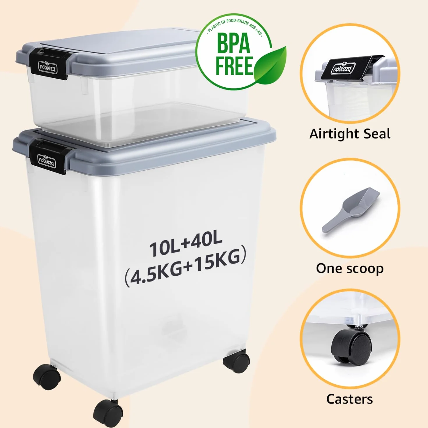 Nobleza Contenedor de Comida para Mascotas 10L+40L， Caja Hermética Transparente con Ruedas， Tapa Abatible y Pala para Alimento de Perros y Gatos， Gris