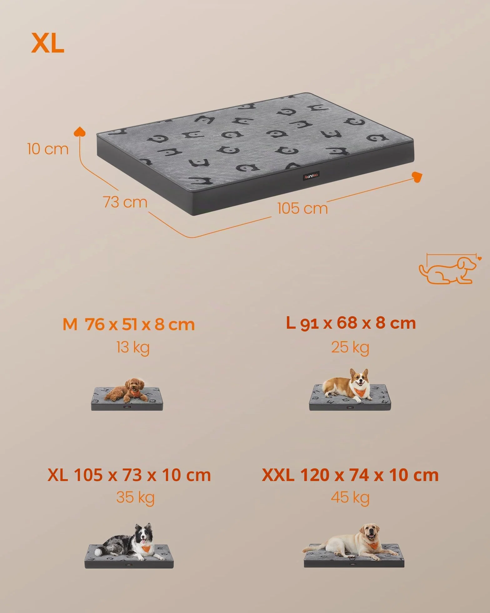 Feandrea Cama para Perros, Cama para Mascotas, Espuma Corrugada Preformada, con Asa, Extraíble, Doble Cara, Impermeable, Talla XL, 105 x 73 x 10 cm, Gris Paloma PGW243G01