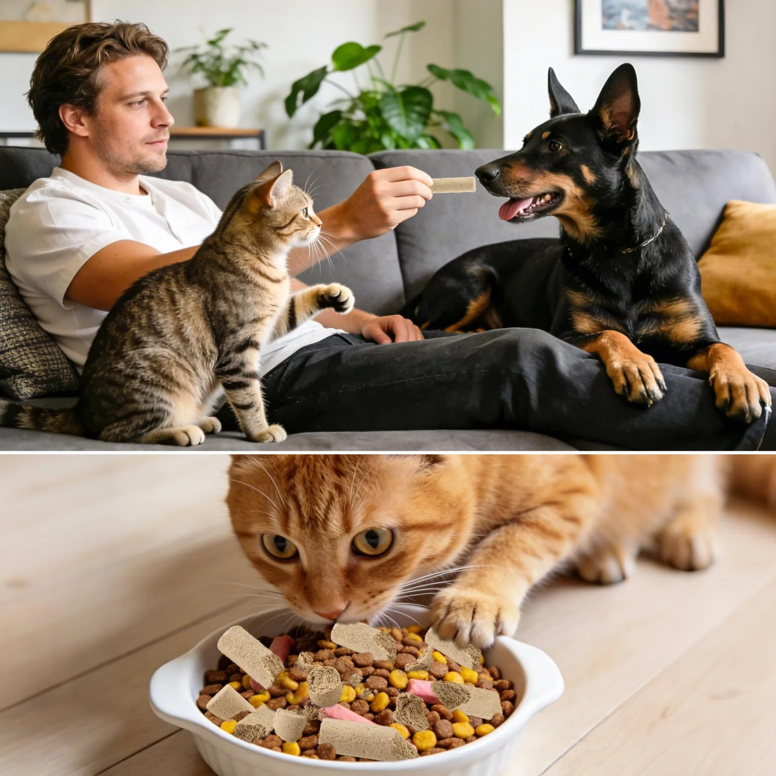 Snack Liofilizado de Pollo para Gatos, Carne de Vacuno Crujientes Snack para Gato Perros, Golosinas para Gatos Icas en Proteínas