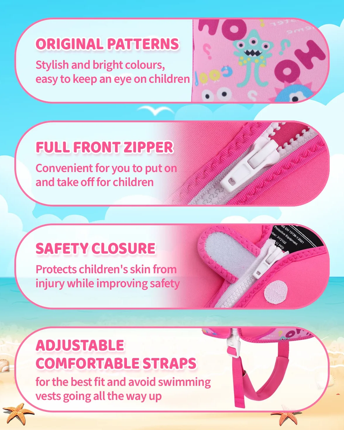 Chaleco de Natación para Niños Flotador Piscina con Correa de Seguridad Ajustable 10-25kg