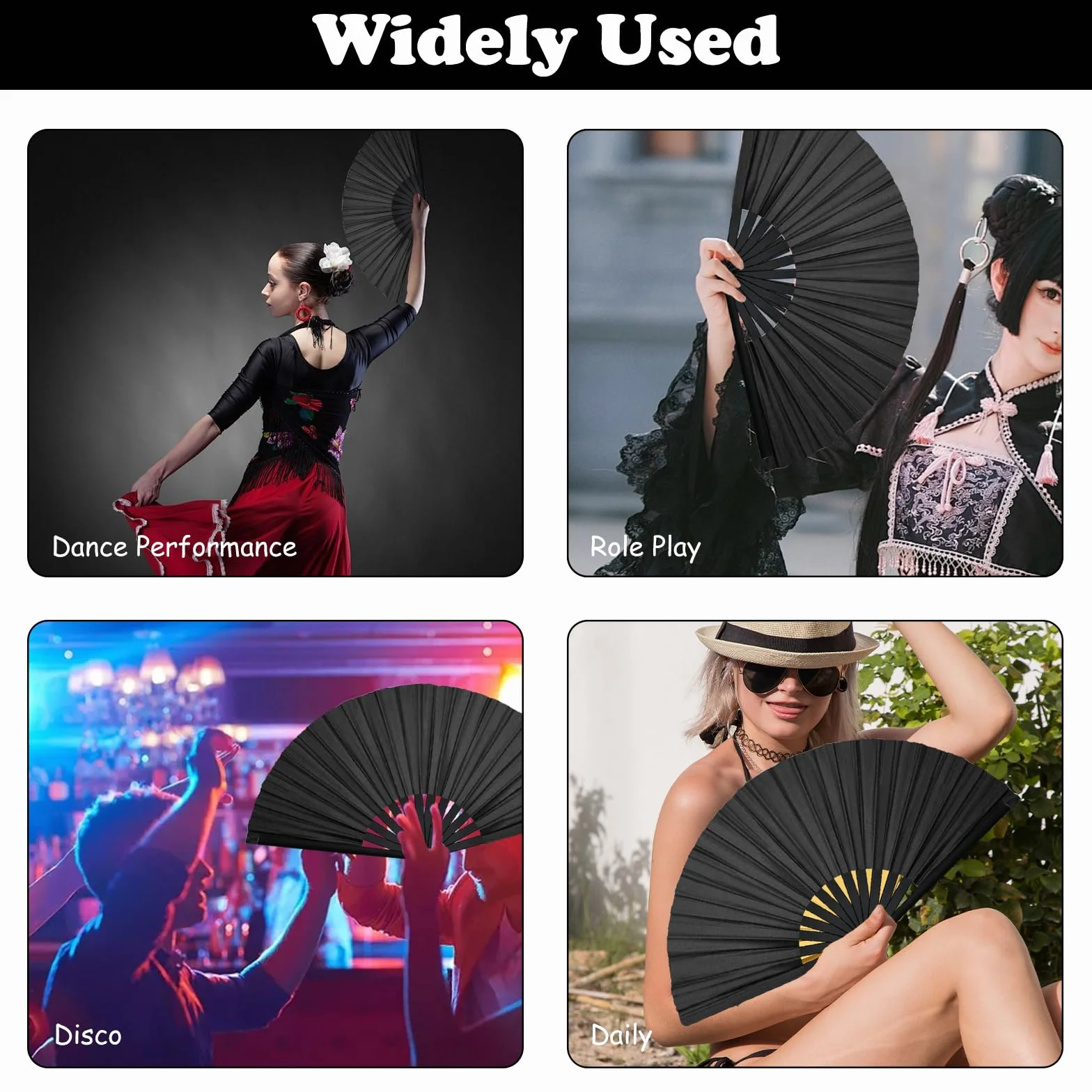 HINGTAI abanicos de mano plegables bambú chino retro grandes baile línea fiestas color negro