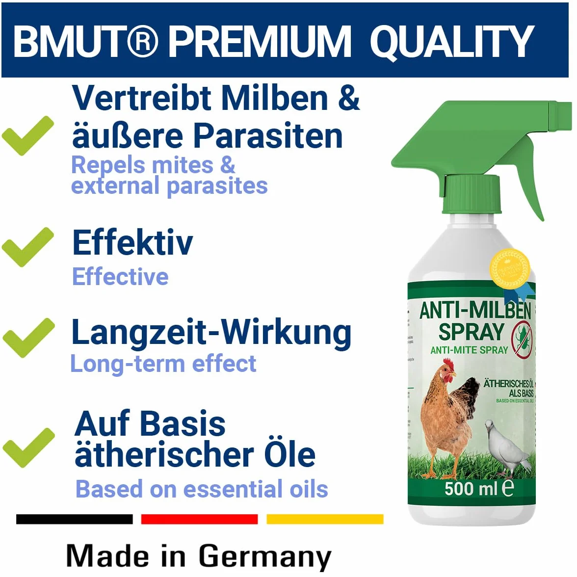 500ml Spray antiácaros para pollos, aves de corral y pájaros - Inmediato y a largo plazo contra ácaros y parásitos, agudo y prevención