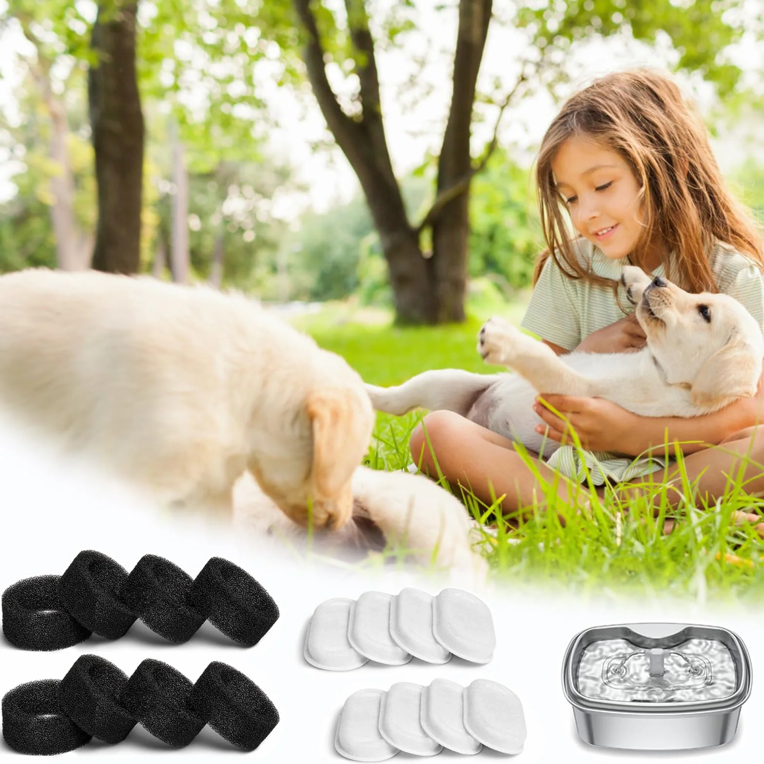 MXTIMWAN 16 Piezas Filtros de Fuente para Gatos, 8 Filtros de Carbón y 8 Esponjas de Espuma para 3,2 L Fuentes de Acero Inoxidable, Filtros Fuente con Carbón Activo