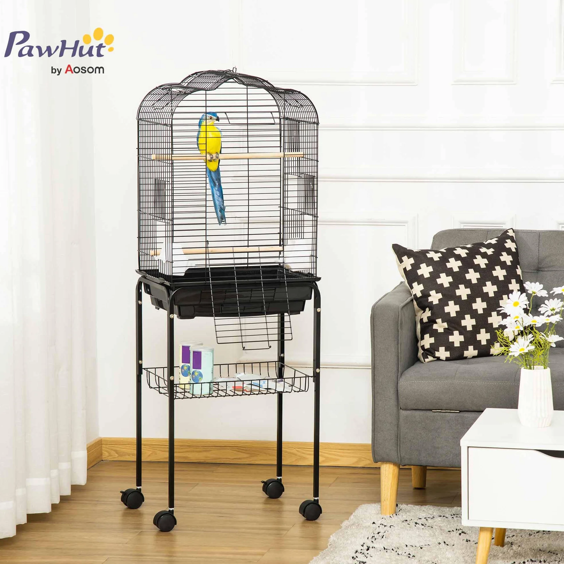 PawHut Jaula para Pájaros con Soporte Jaula de Aves Canarios con 4 Ruedas Techo Abrible 2 Comederos 3 Perchas Bandeja Extraíble y Estante Inferior 46x36x130 cm Negro