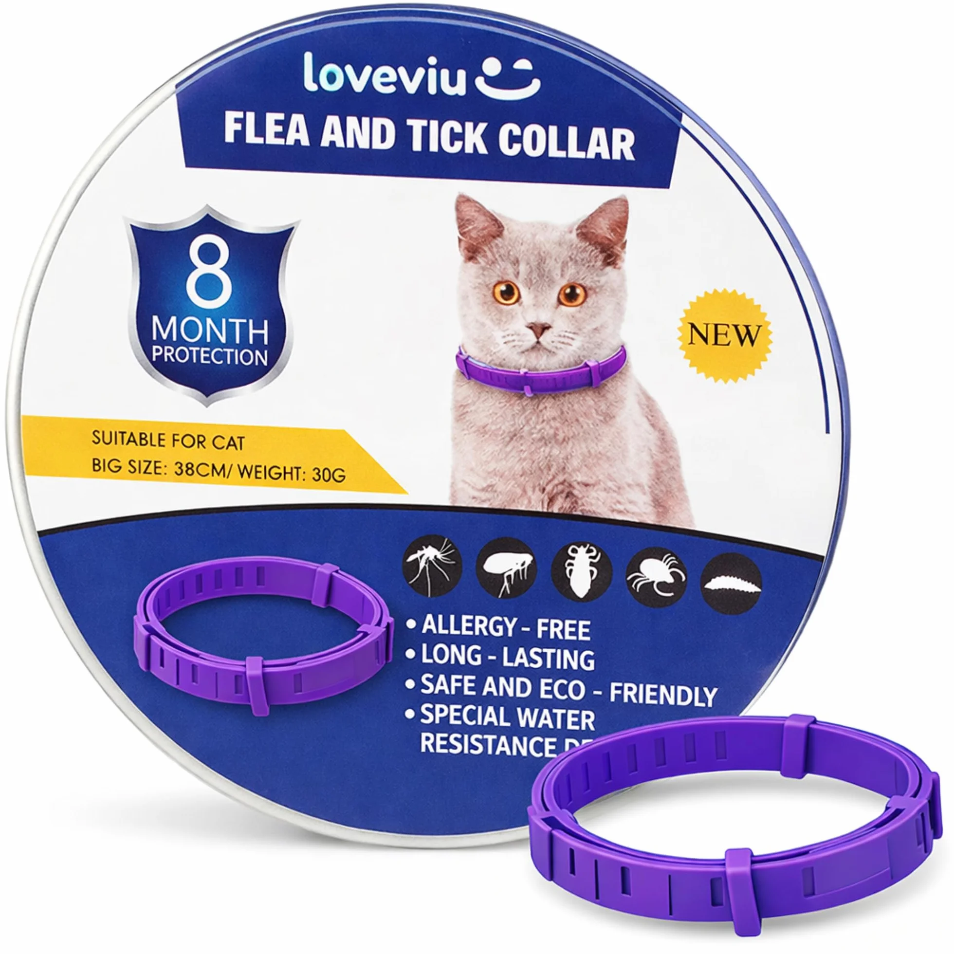 Collar Antiparasitario Gatos - 100% Natural – Protección 8 Meses contra Pulgas, Garrapatas, Mosquitos & Piojos – 38 cm, Impermeable y Ajustable, Uso al Aire Libre (Morado)