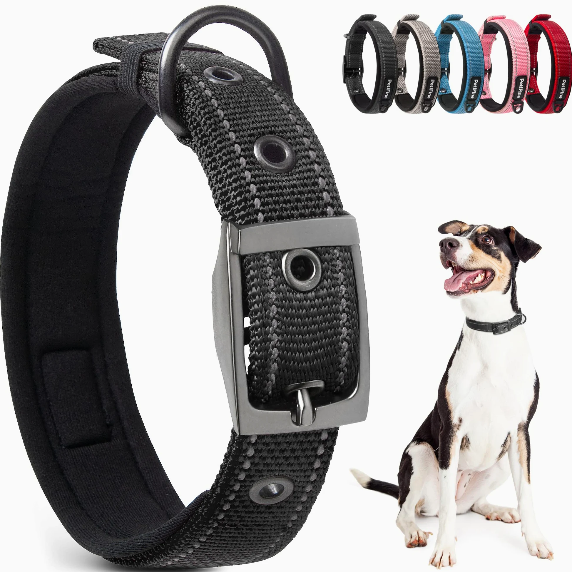 PetiFine Collar de perro resistente para perros medianos, collares de perro con hebilla Nikel reflectante, tamaño conveniente para todas las razas (14.5 a 19 pulgadas, negro)
