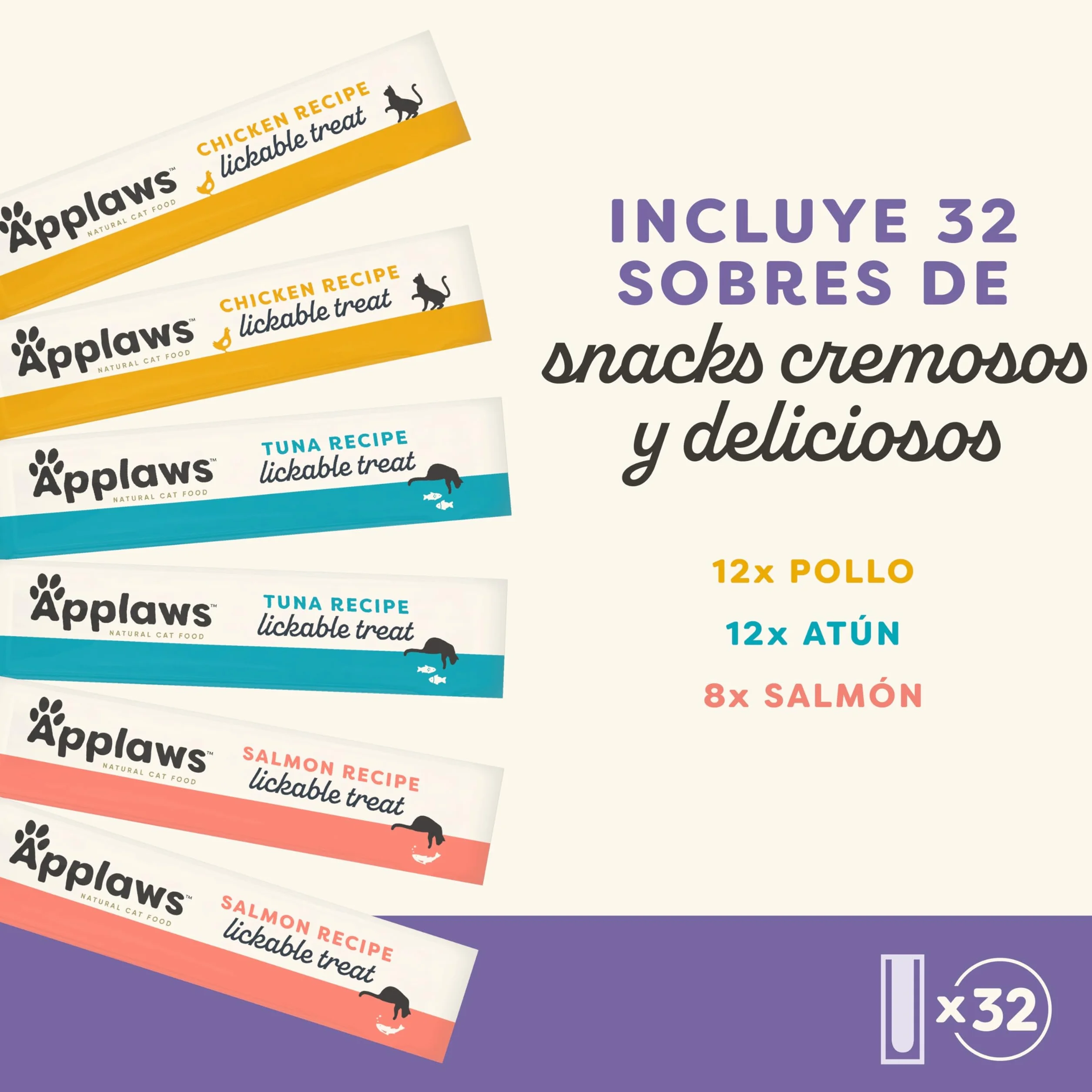 Applaws 100 % Natural cremoso lickable sin Cereales Snack para Gatos y Gatitos, Pack Variedad, 32 × 15 g Sobres